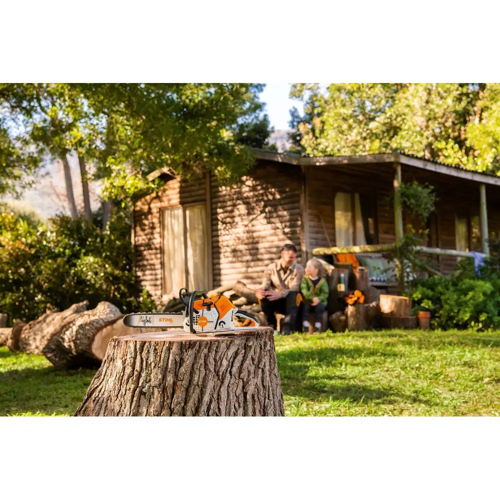 Una motosierra Stihl descansa sobre un tocón frente a una cabaña, con un hombre y un niño sentados en el fondo.