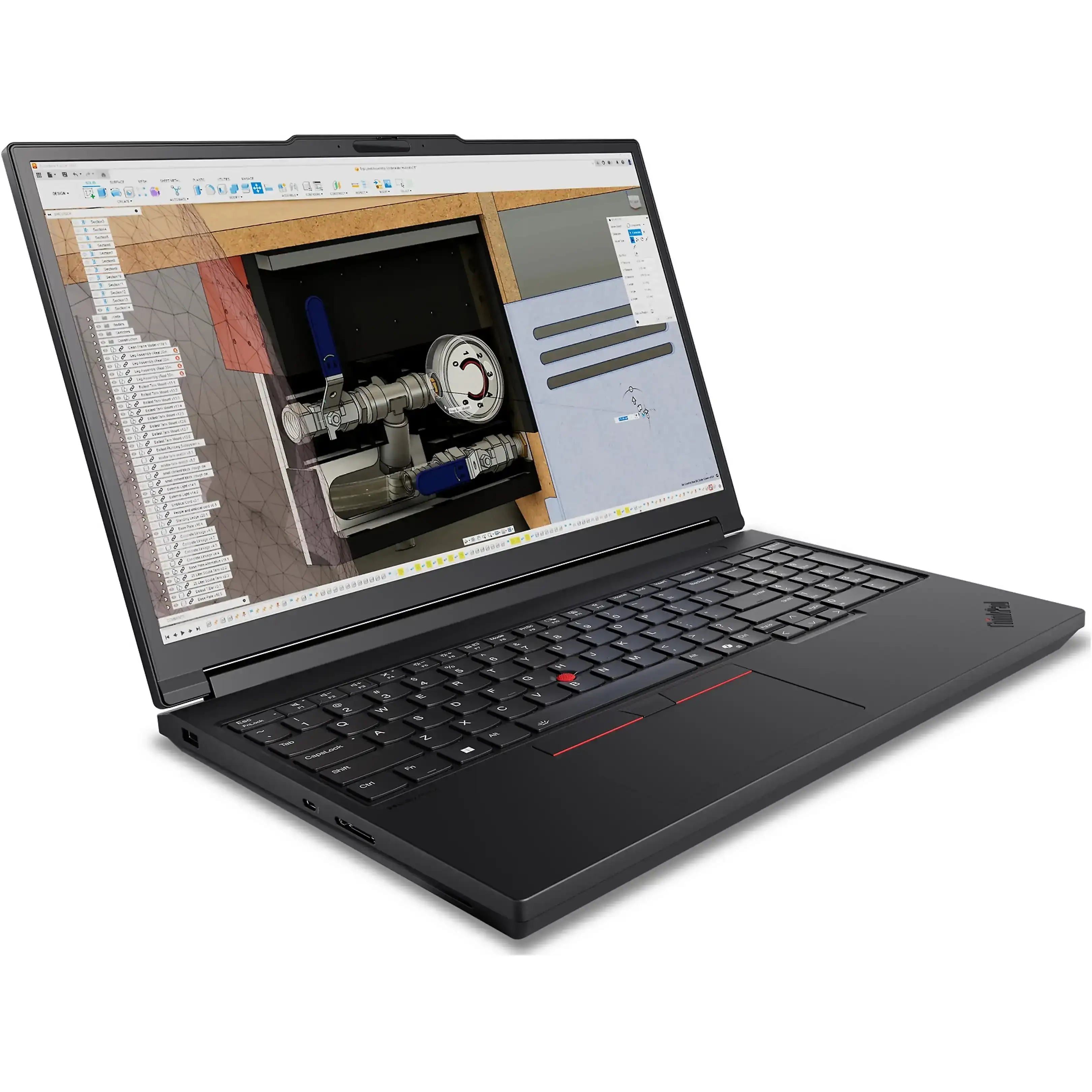 Un laptop nero mostra un software CAD 3D con un design meccanico sullo schermo.