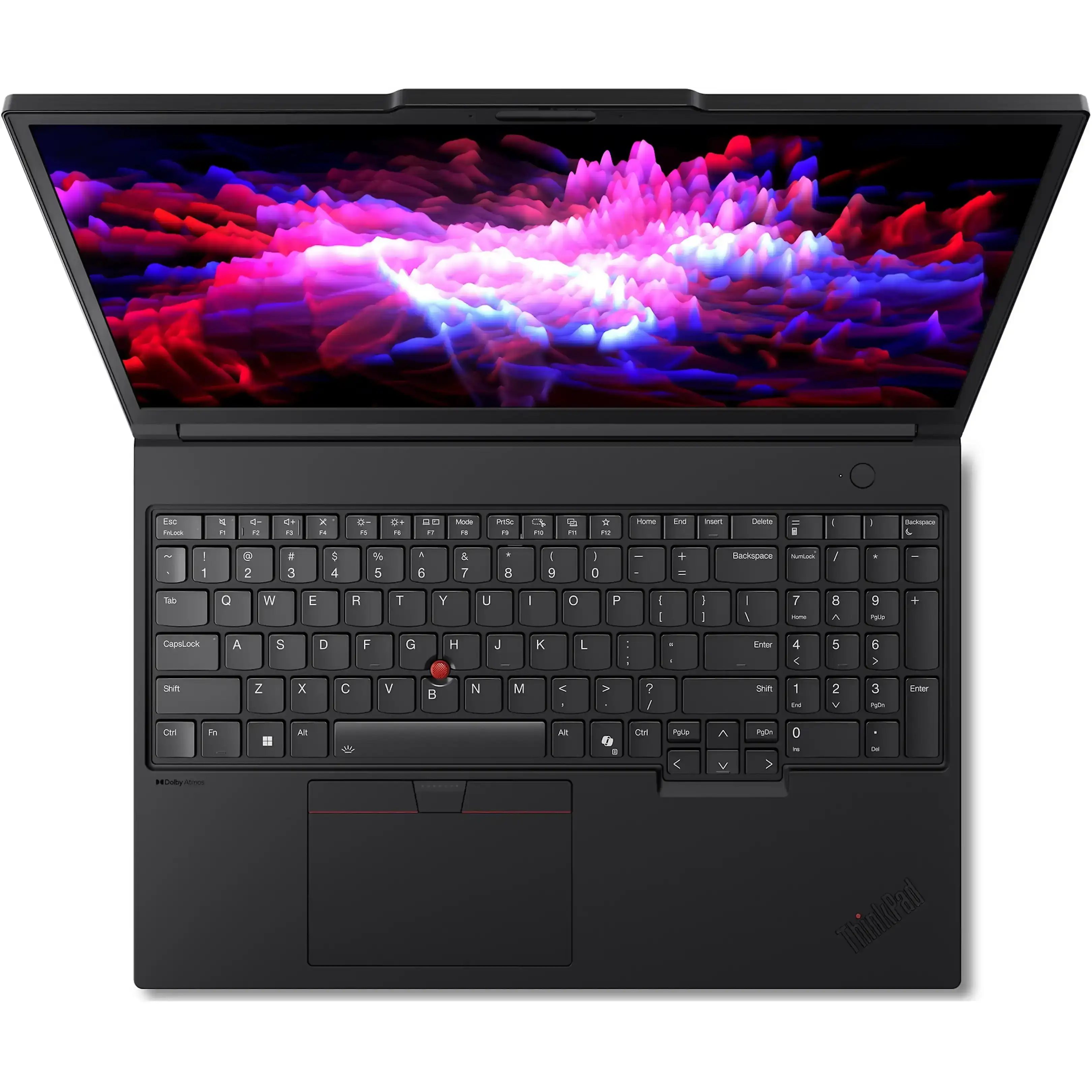 Vista dall'alto di un laptop nero con grafica astratta colorata sullo schermo e tastiera con TrackPoint rosso.