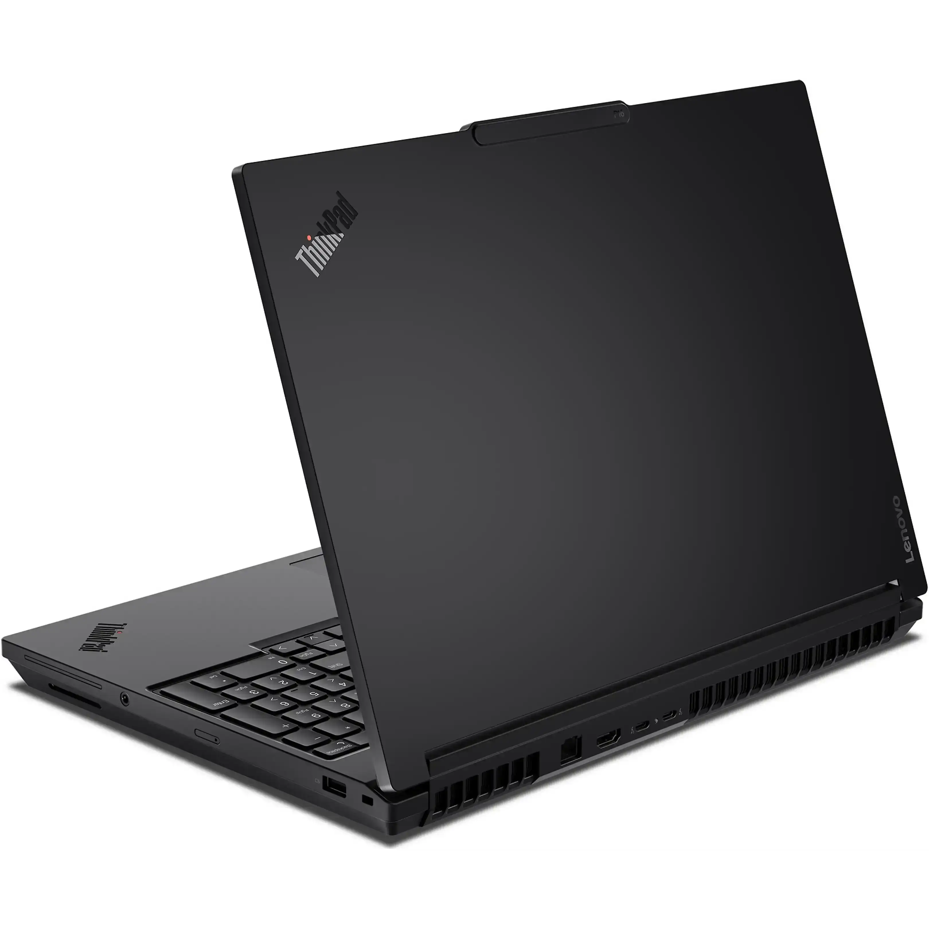 Un computer portatile ThinkPad nero visto da dietro, su una superficie bianca.