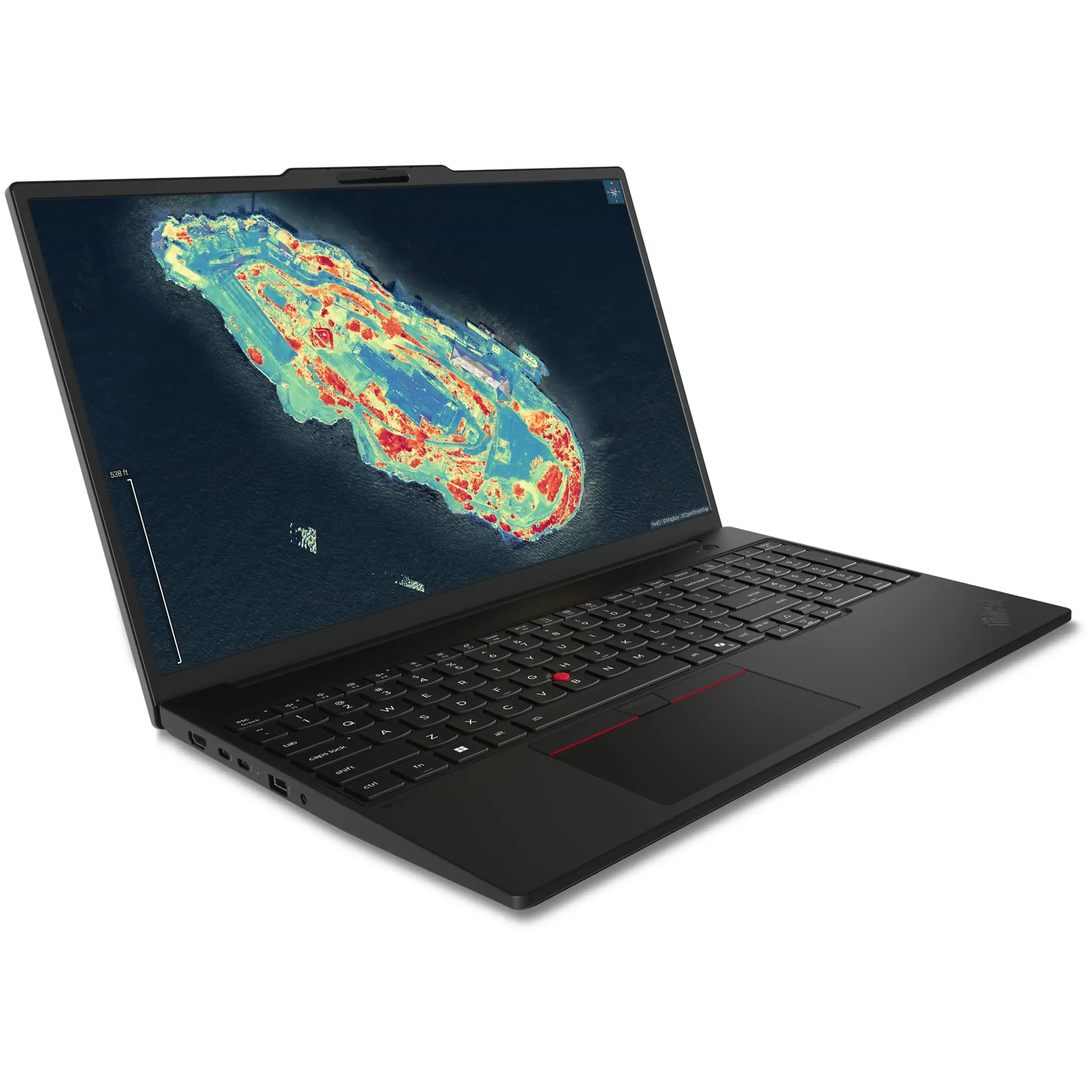 Un laptop nero che mostra sullo schermo una mappa termica satellitare colorata.