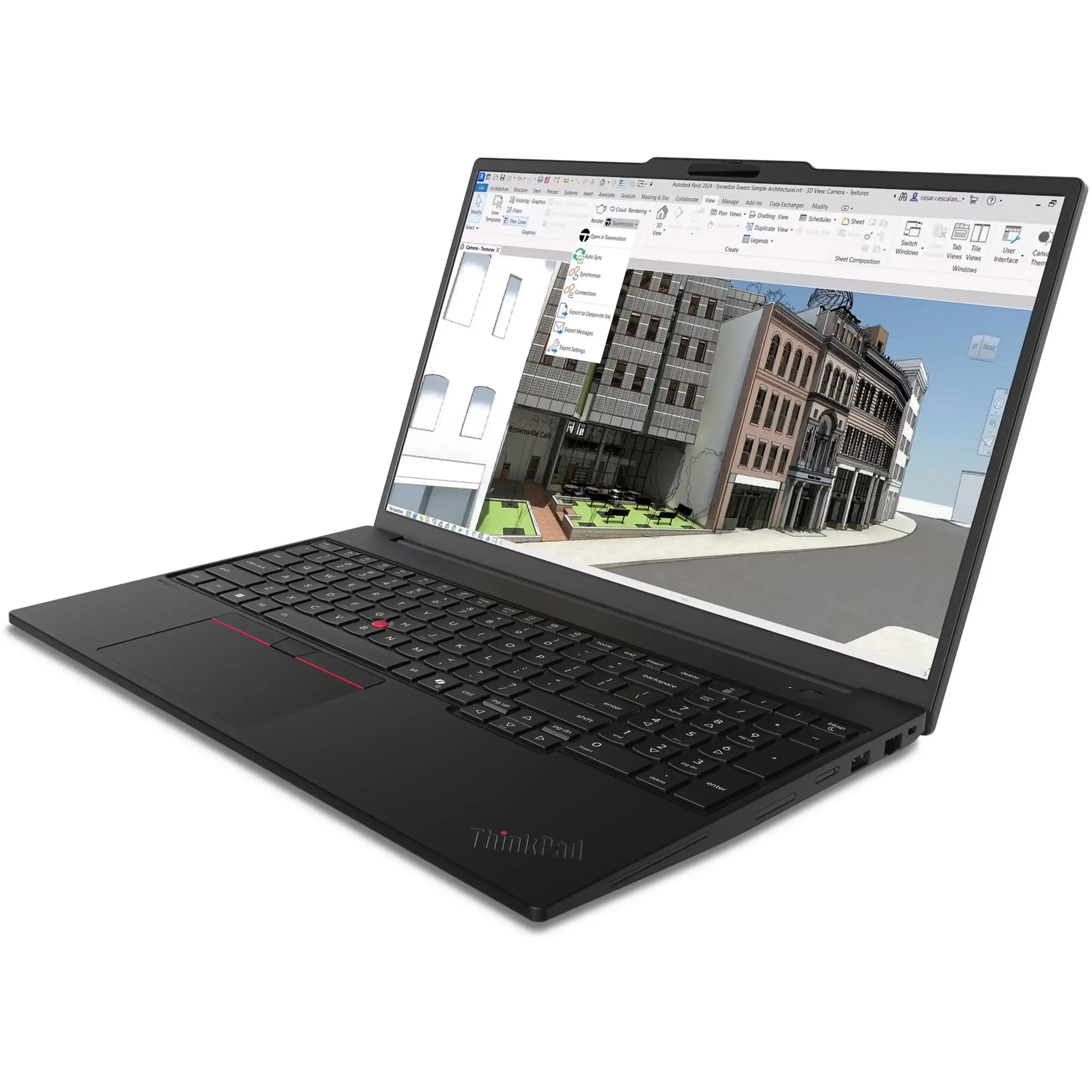 Un computer portatile nero mostra un software di architettura 3D su sfondo bianco.