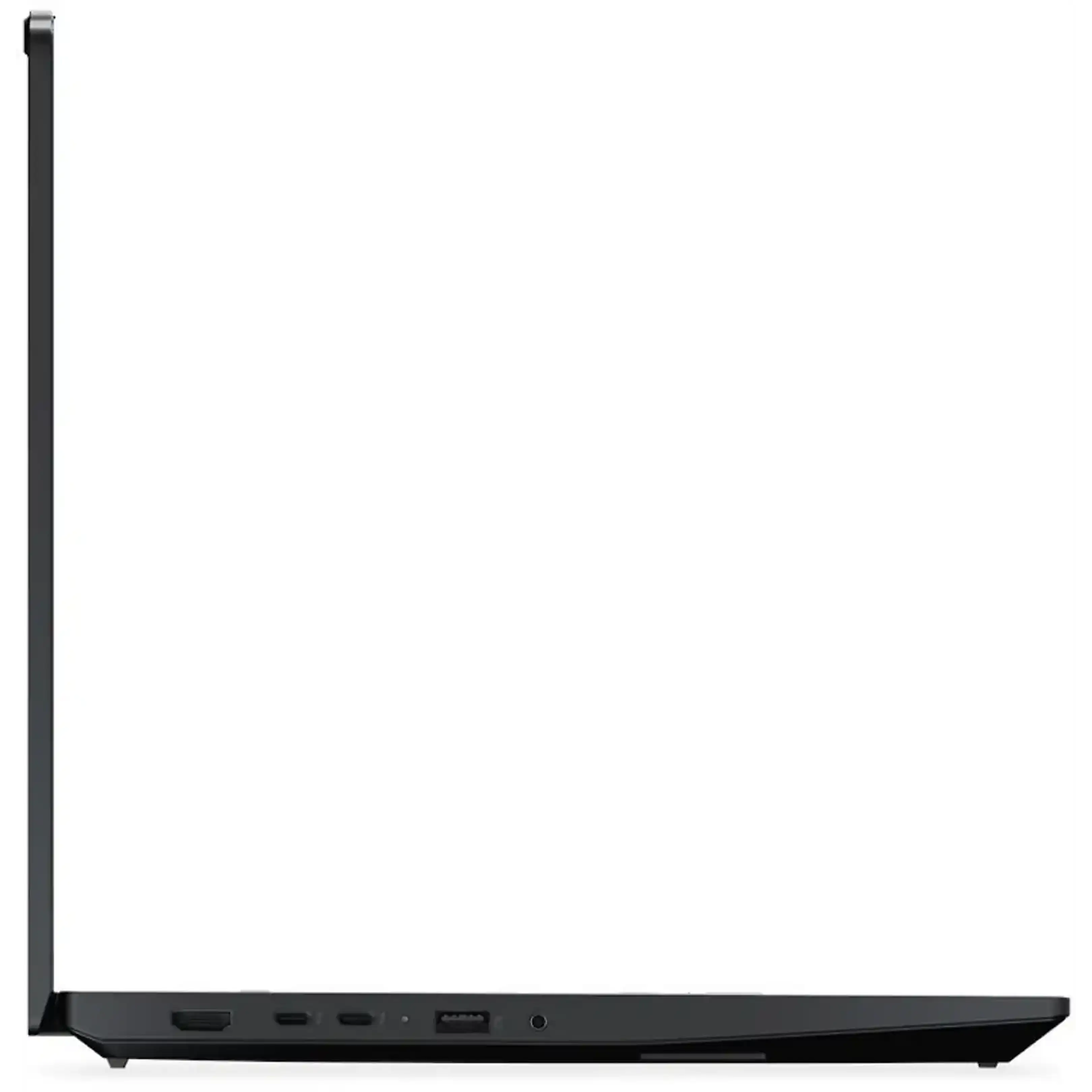 Vista laterale di un laptop nero sottile con porte su sfondo bianco.