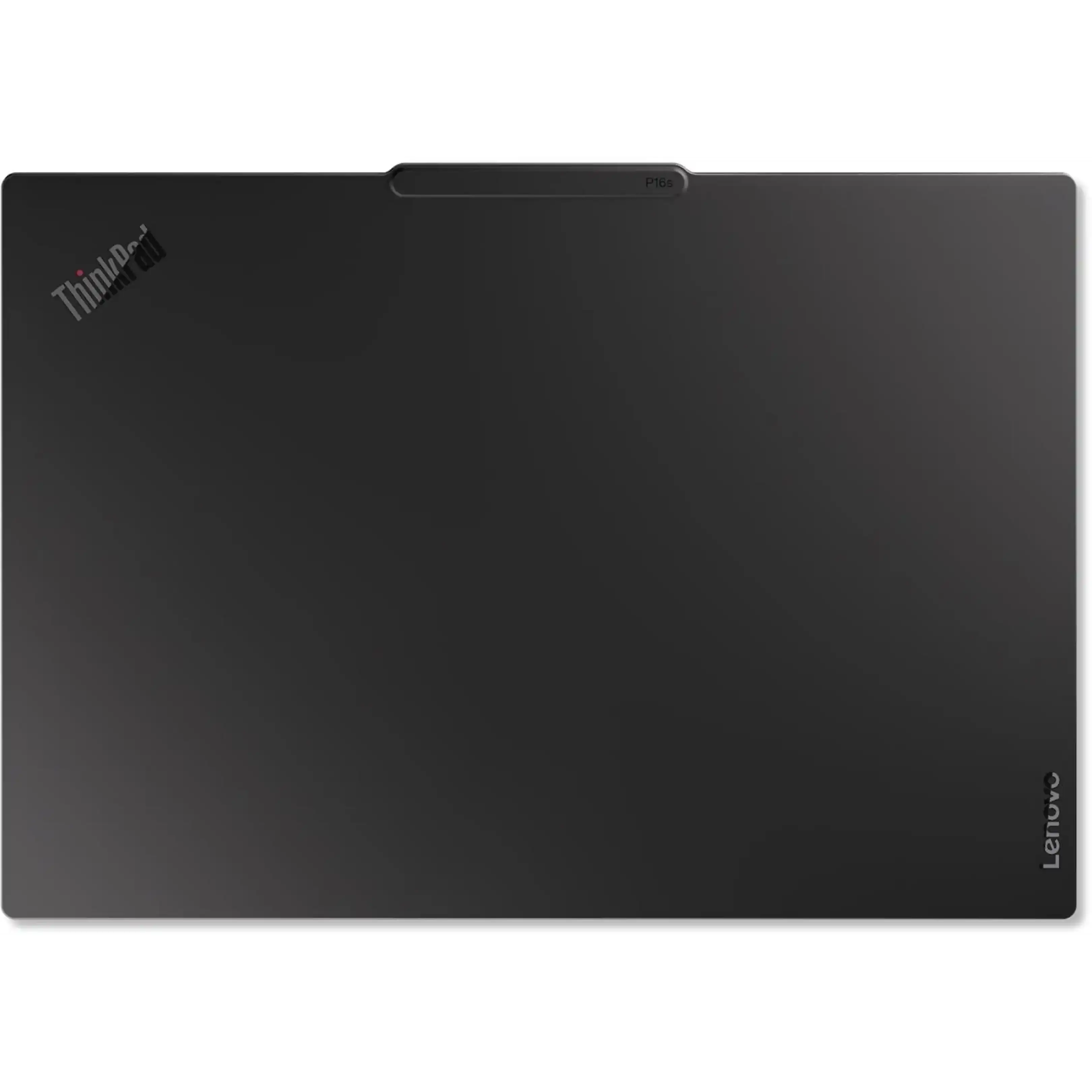 Coperchio per laptop Lenovo ThinkPad nero chiuso con marchio bianco e sporgenza della fotocamera.