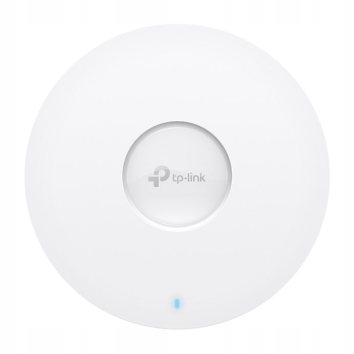 Biały, okrągły punkt dostępowy TP-Link z centralnym logo i niebieską diodą LED.
