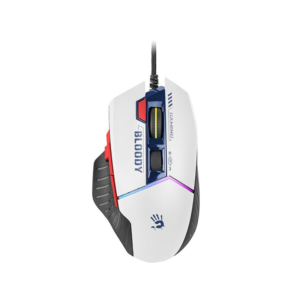 Weiß-blau-rote kabelgebundene Gaming-Maus mit Hand-Logo und RGB-Beleuchtung auf weißem Hintergrund.