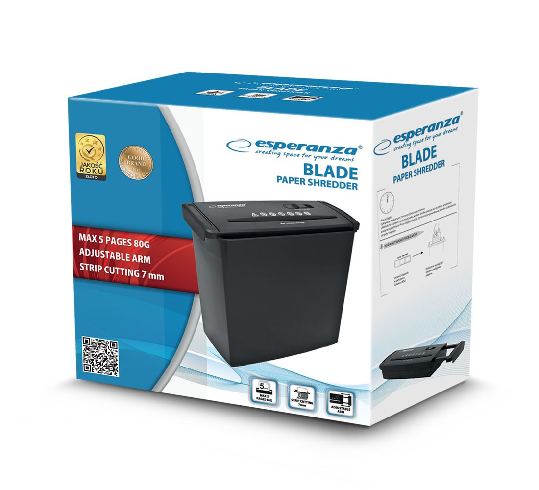 Verpackung eines schwarzen Esperanza Blade Aktenvernichters mit technischen Details.