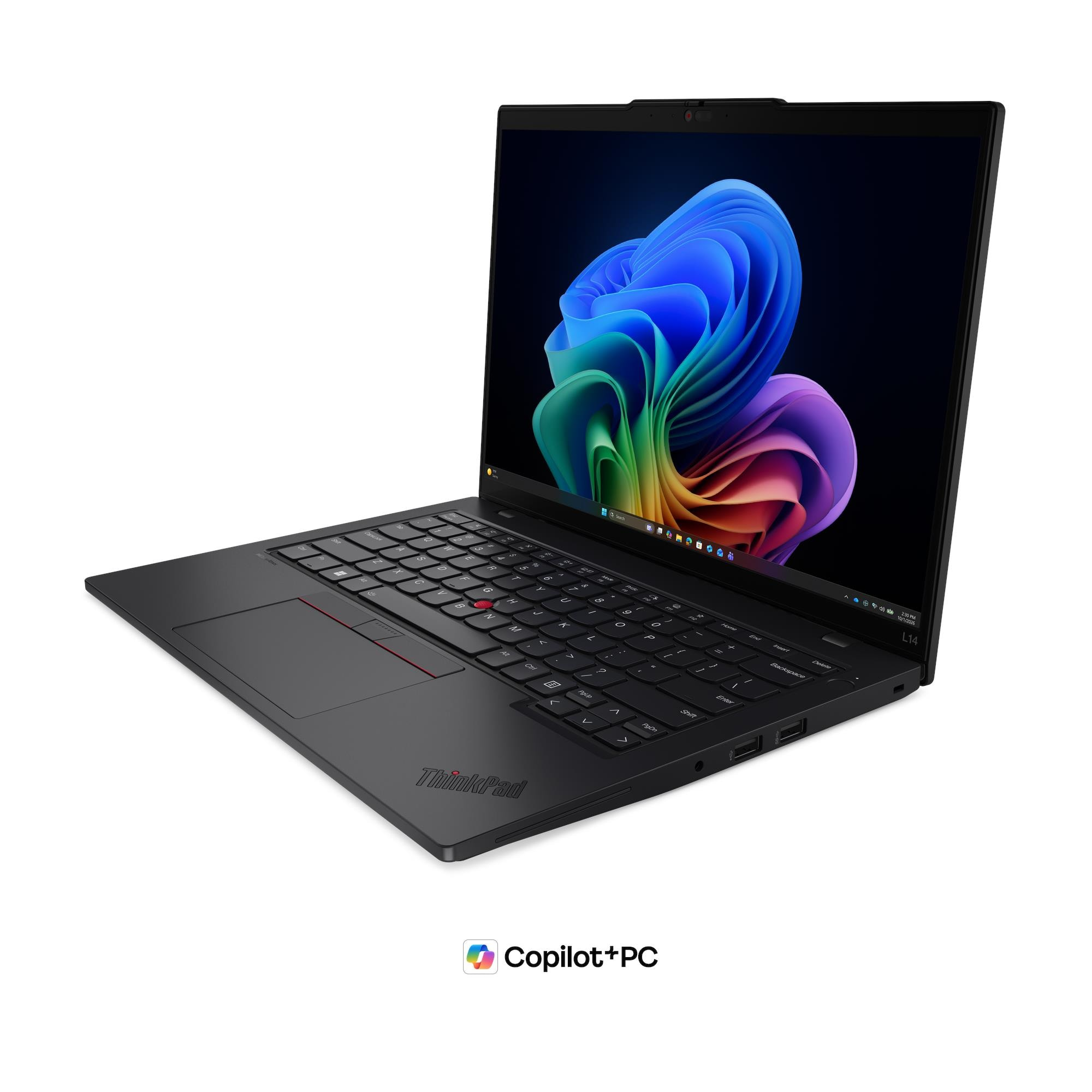 Un computer portatile ThinkPad nero con uno sfondo astratto colorato sullo schermo e una tastiera.