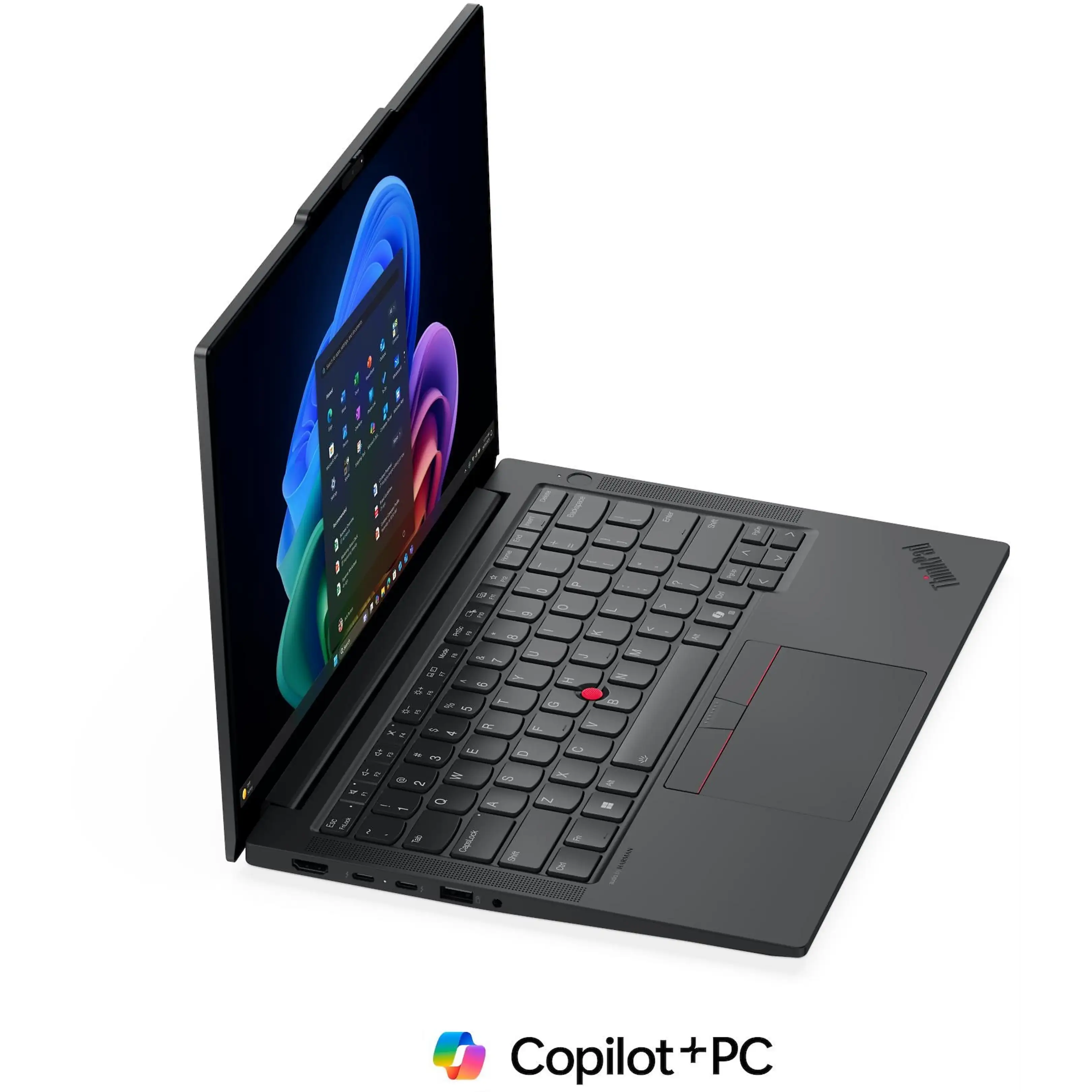 Un computer portatile Lenovo ThinkPad nero con lo schermo aperto mostra il menu di avvio di Windows su sfondo bianco.