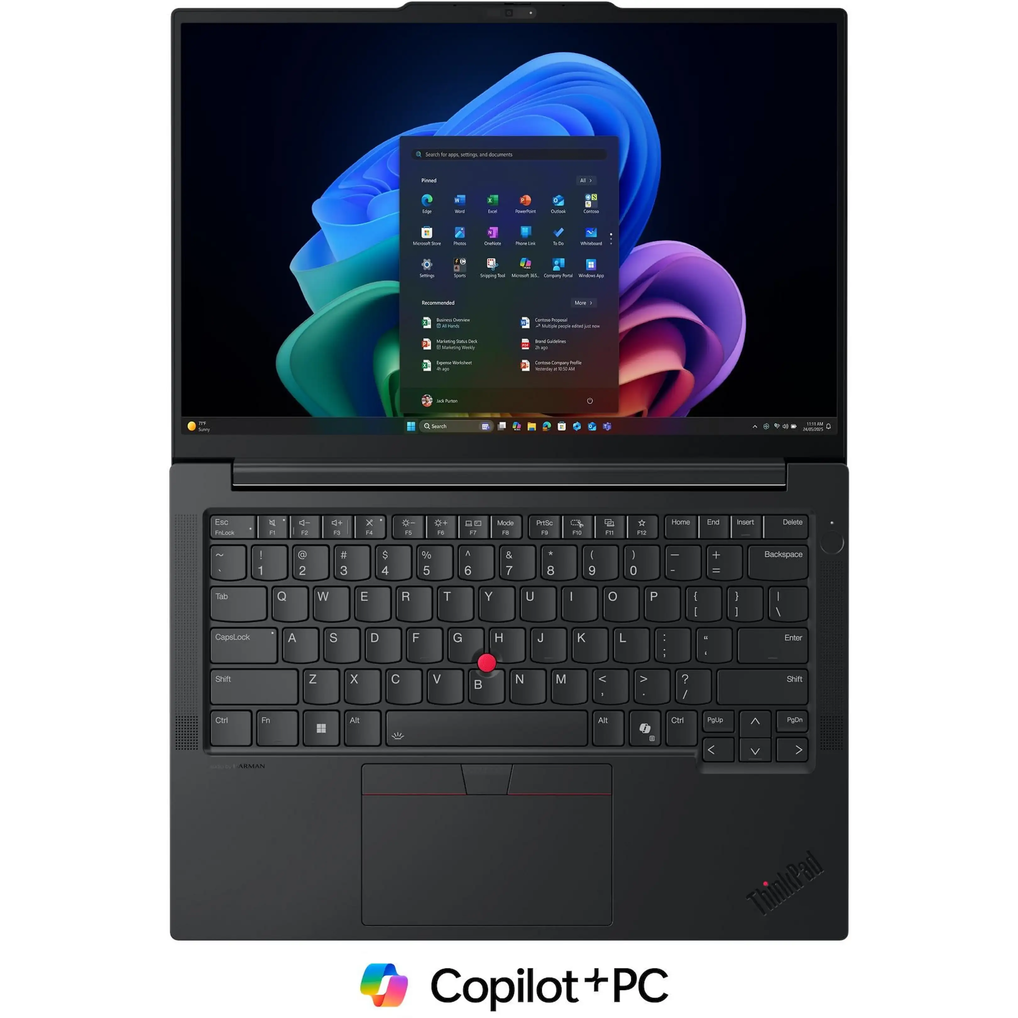 Un laptop ThinkPad nero che mostra il menu Start di Windows 11.