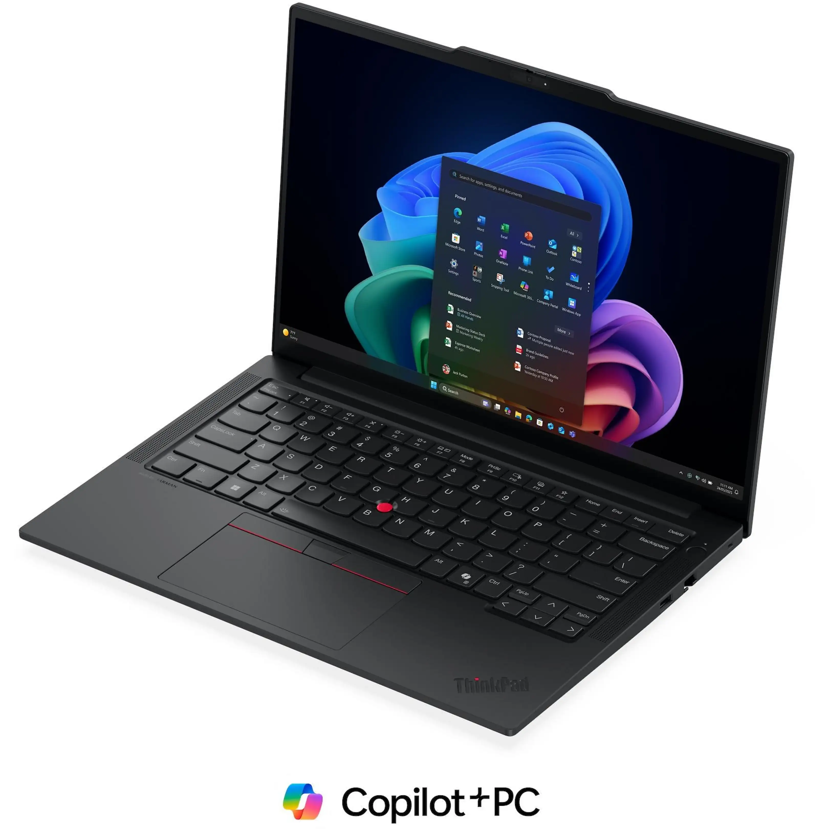 Un laptop nero con menu Start di Windows 11, trackpoint rosso e marchio Copilot+PC.