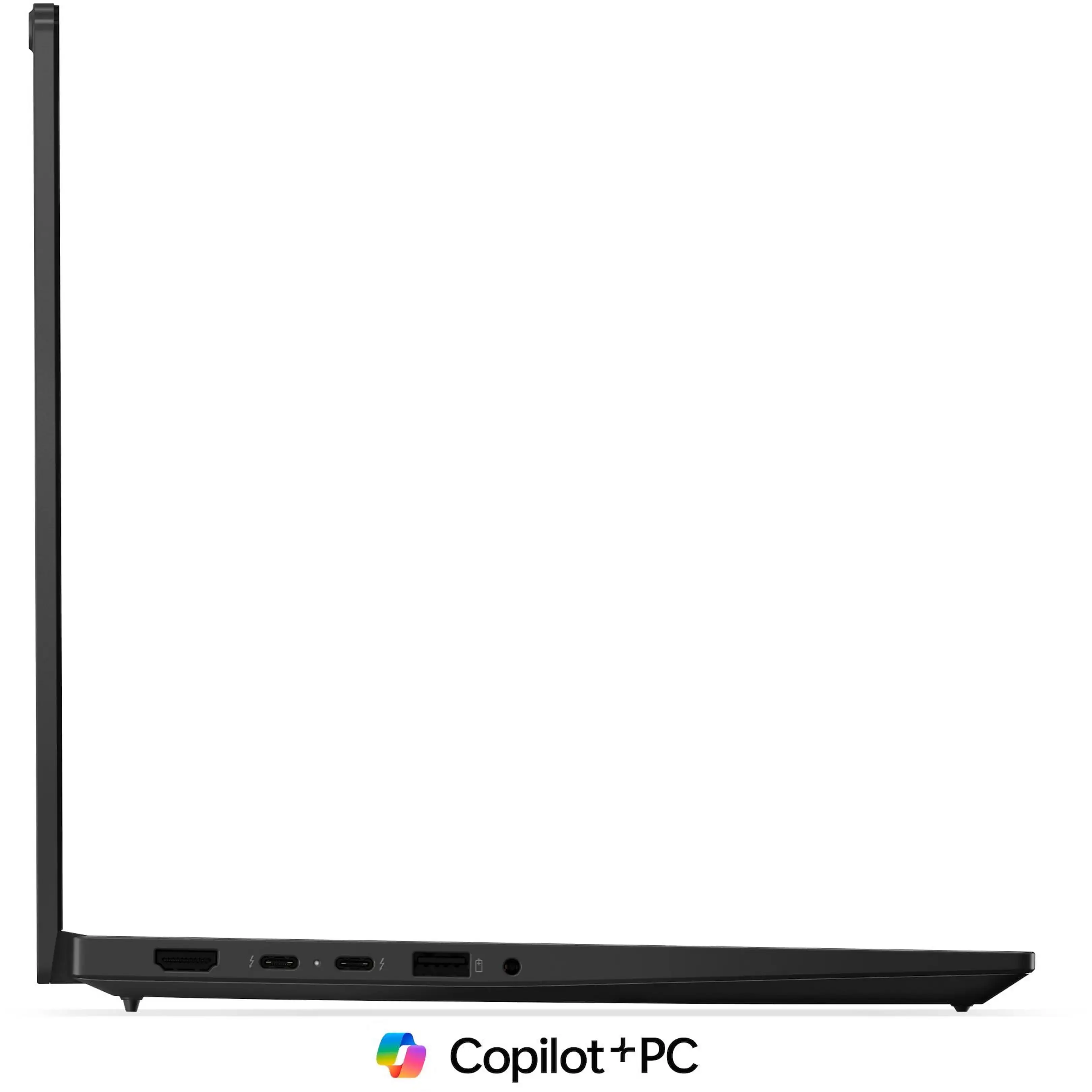 Vista laterale di un laptop sottile con varie porte su sfondo bianco e logo Copilot+PC.