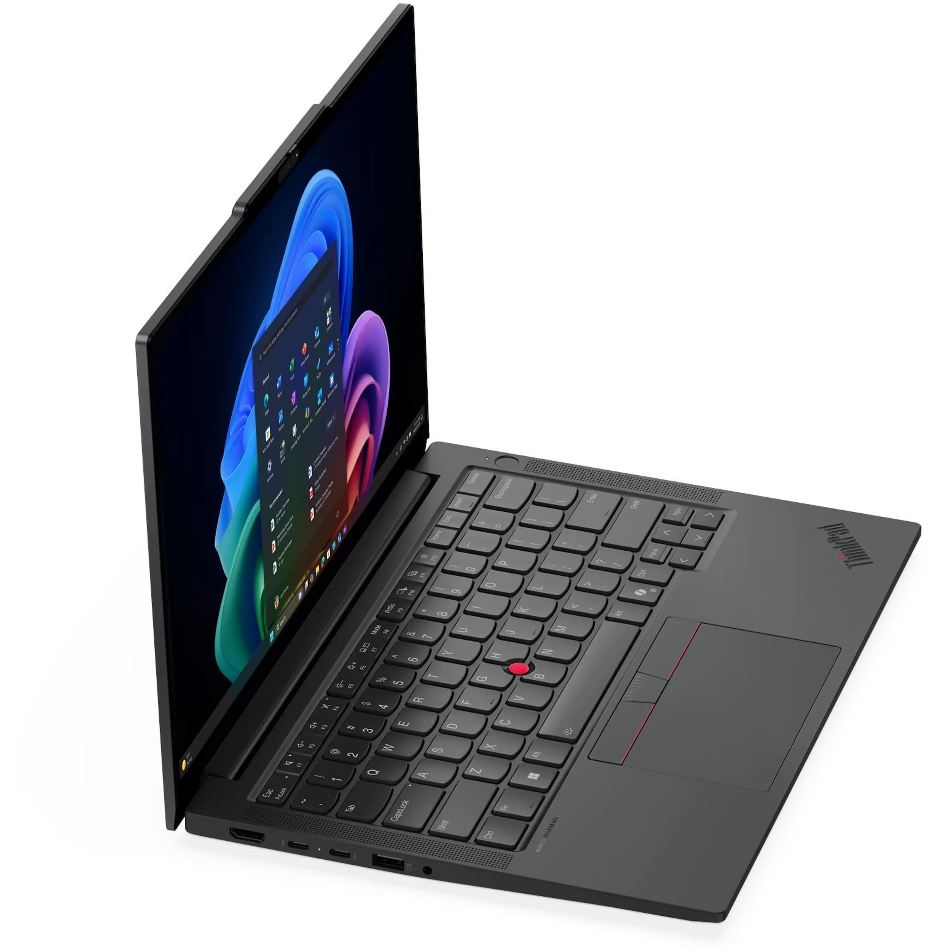 Un computer portatile nero con schermo aperto mostra Windows 11, la tastiera ha un TrackPoint rosso.