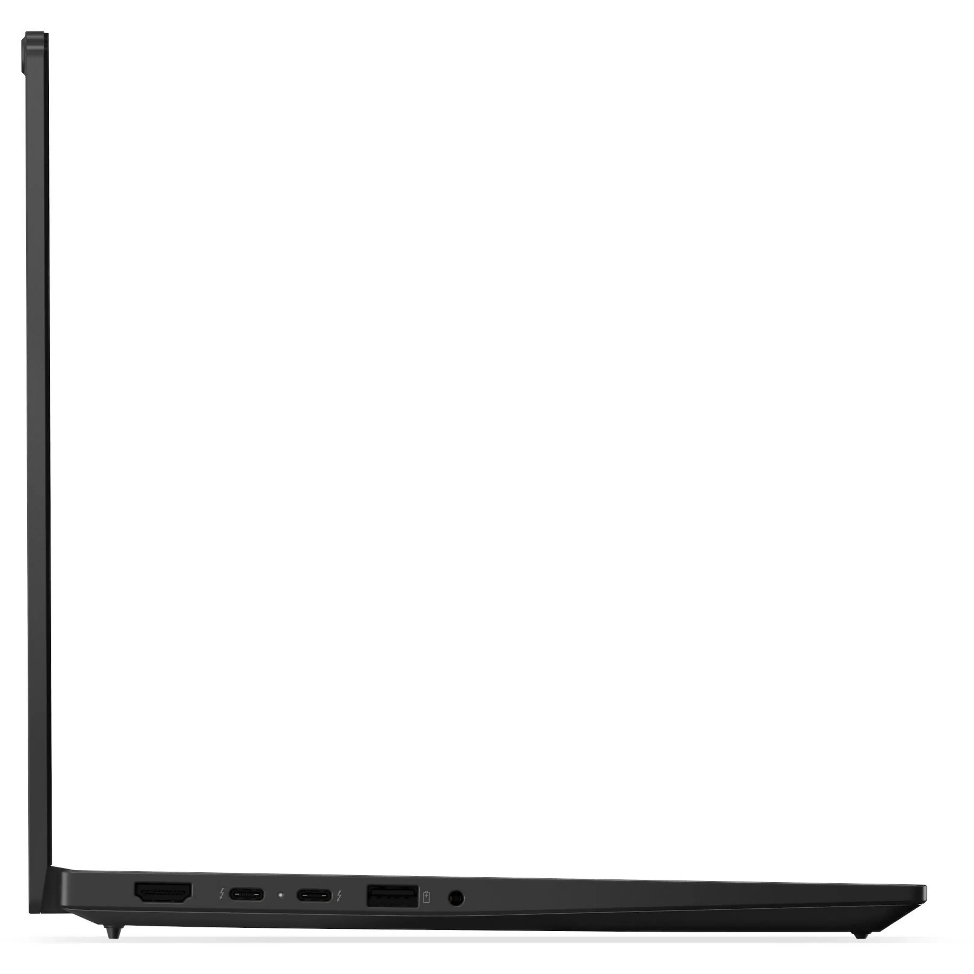 Vista laterale di un computer portatile nero con varie porte su sfondo bianco.