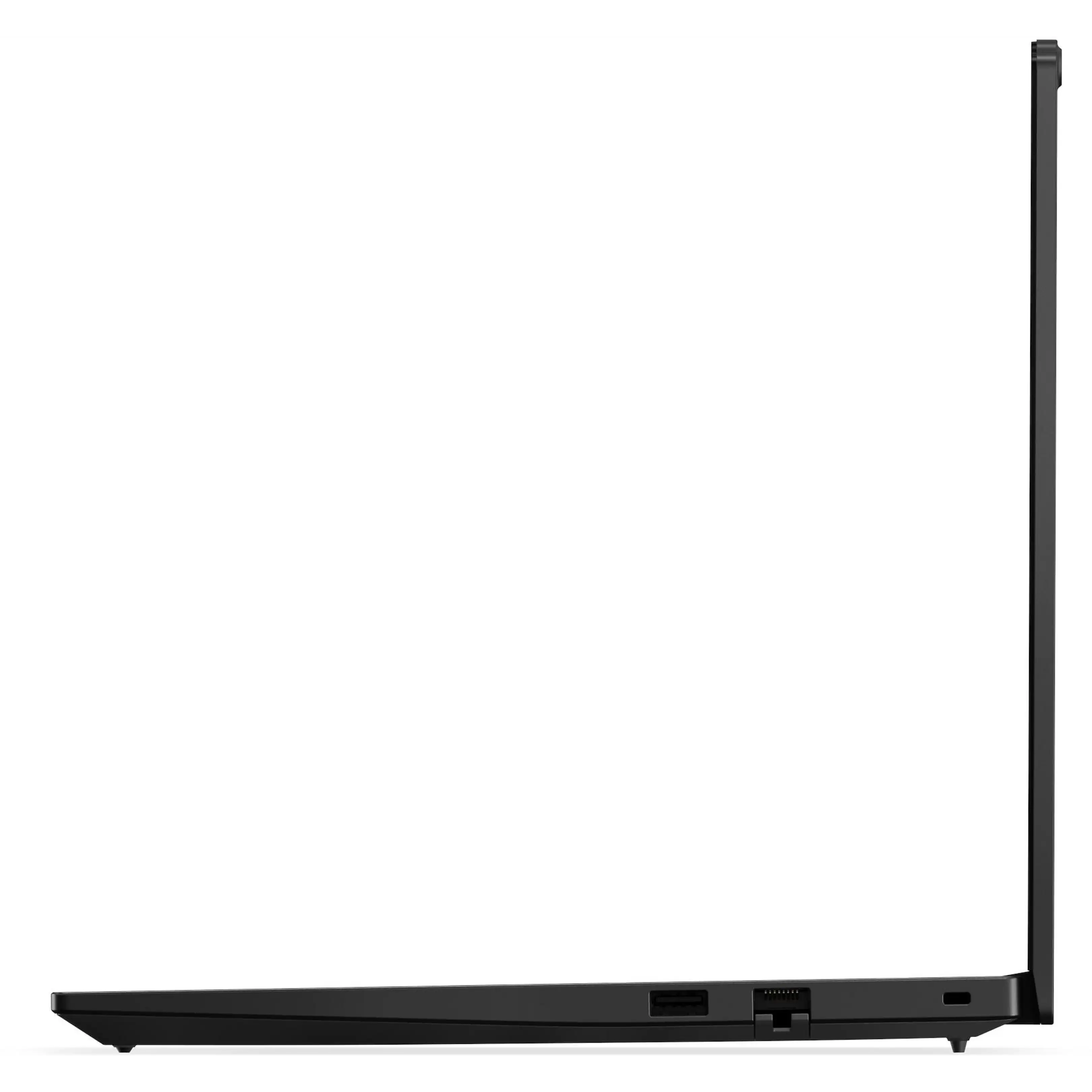 Vista laterale di un laptop nero chiuso che mostra le porte lungo il bordo su sfondo bianco.