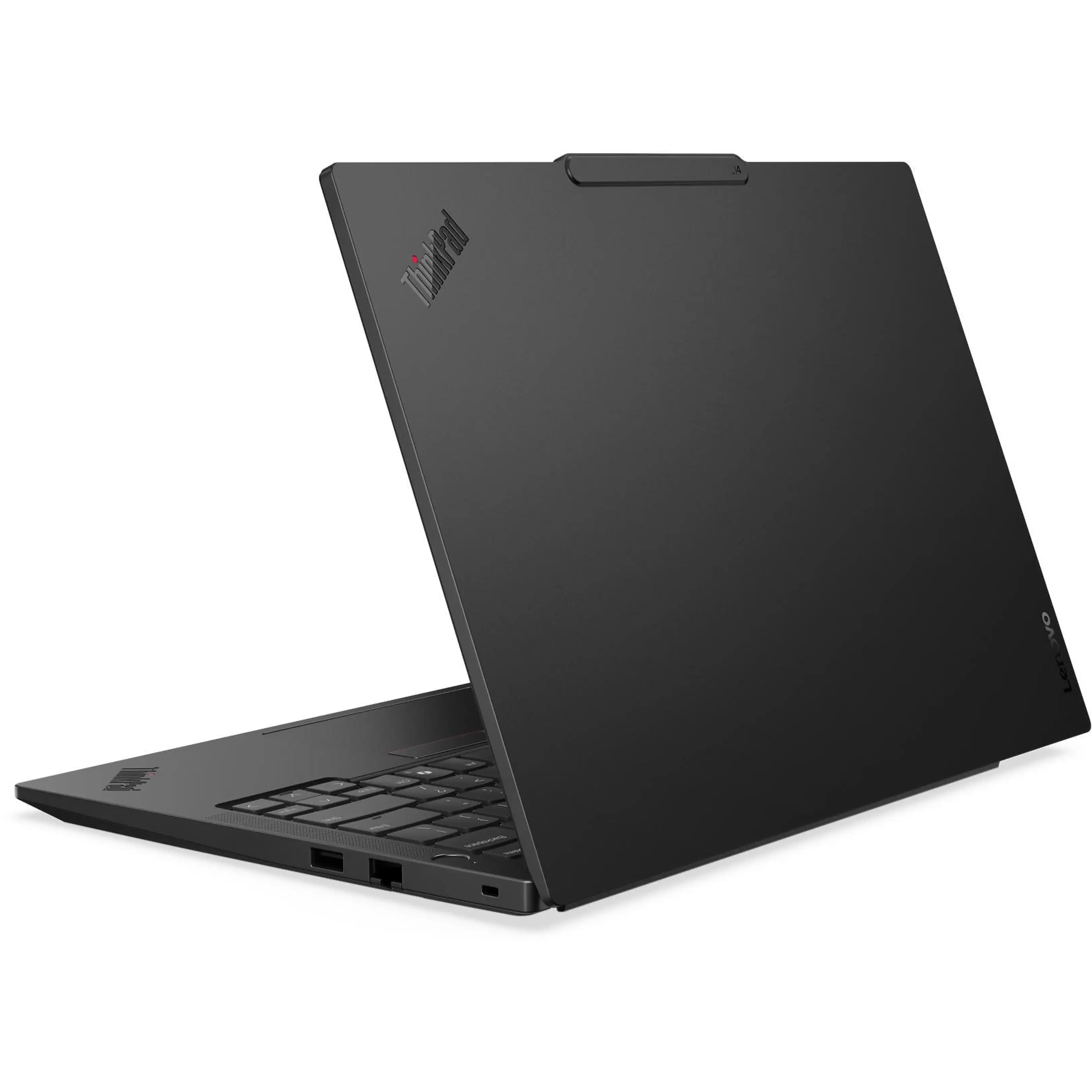 Un laptop Lenovo ThinkPad nero appoggiato su una superficie bianca e liscia.