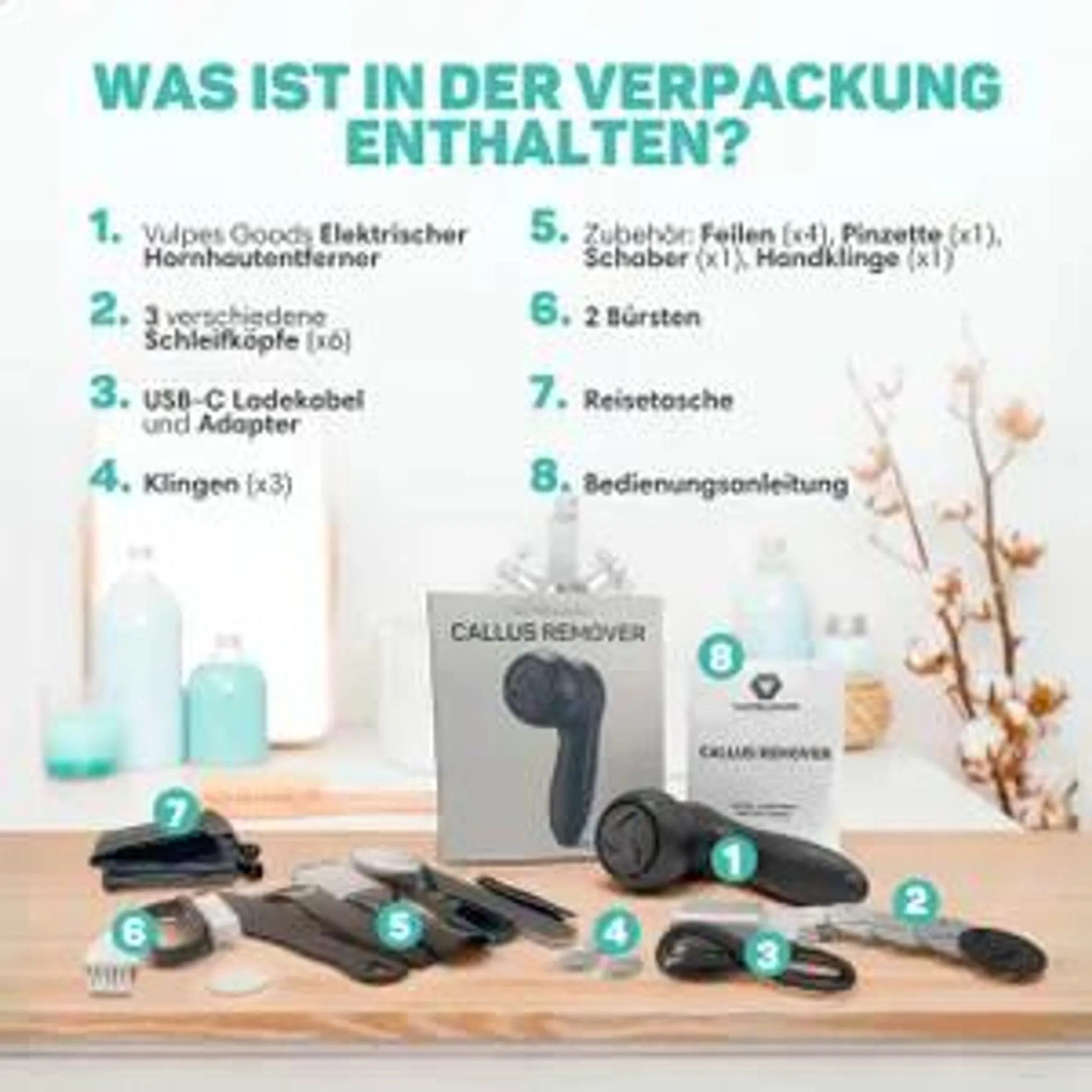 Verpackungsinhalt eines elektrischen Hornhautentferners mit Zubehörteilen und Beschriftungen.