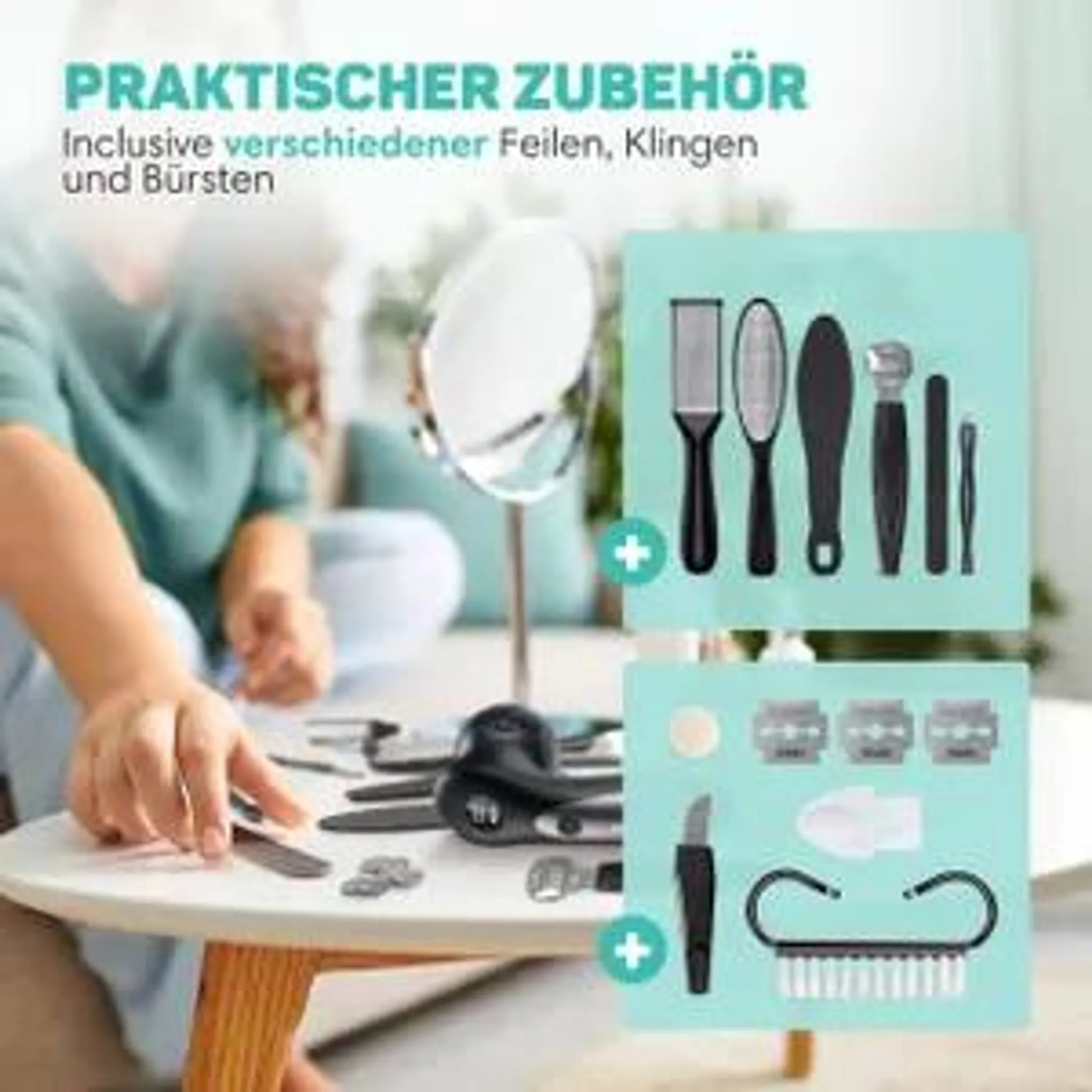 Eine Person sitzt am Tisch mit verschiedenen Pediküre-Werkzeugen, Klingen und einem Spiegel.