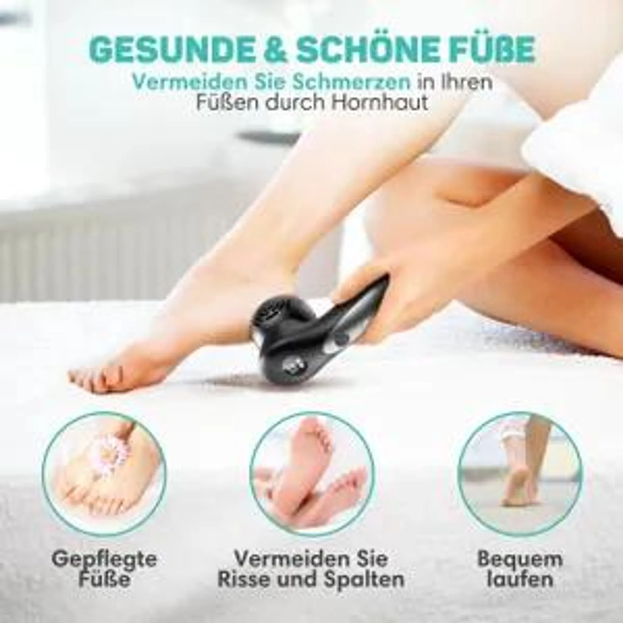 Person benutzt ein schwarzes elektrisches Hornhautentfernungsgerät am Fuß.