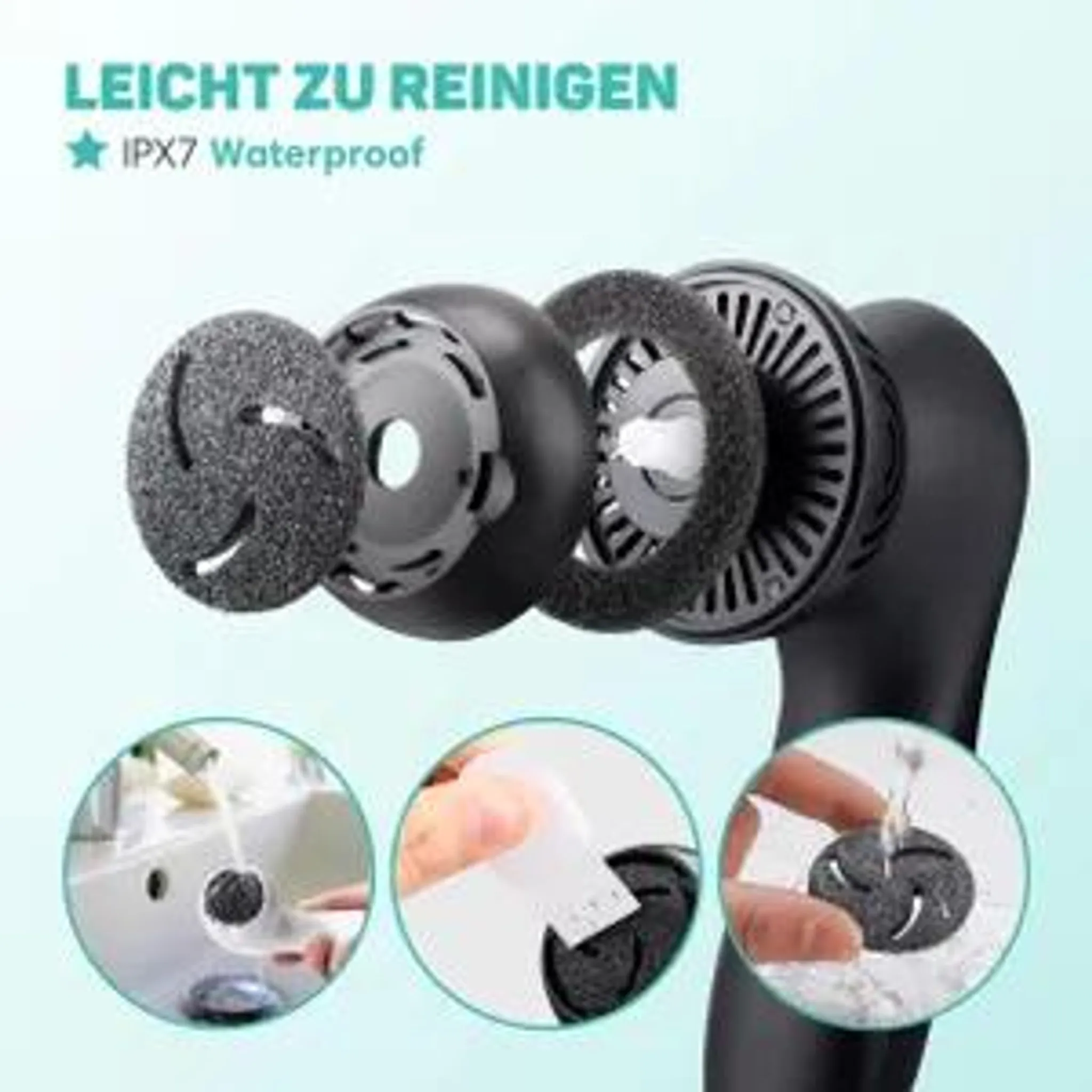 Eine schwarze, wasserdichte elektrische Reinigungsbürste mit austauschbaren Köpfen und Reinigungsdemonstrationen.