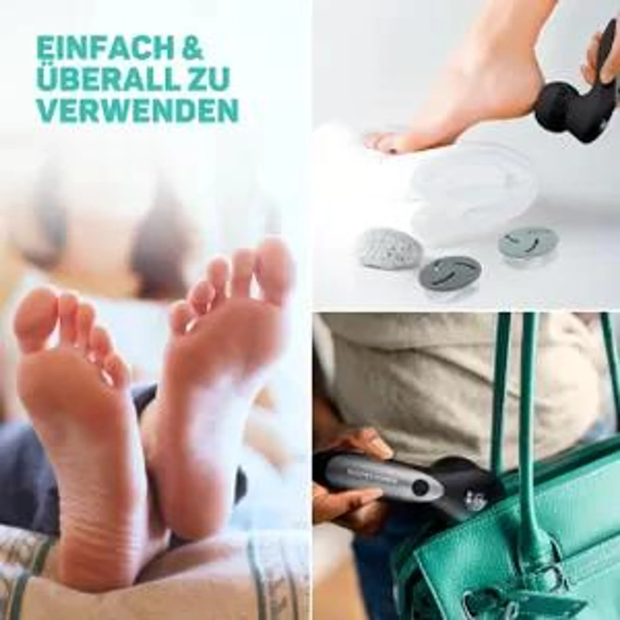 Ein Hand-Fußpflegegerät wird an Füßen und neben einer grünen Handtasche verwendet.