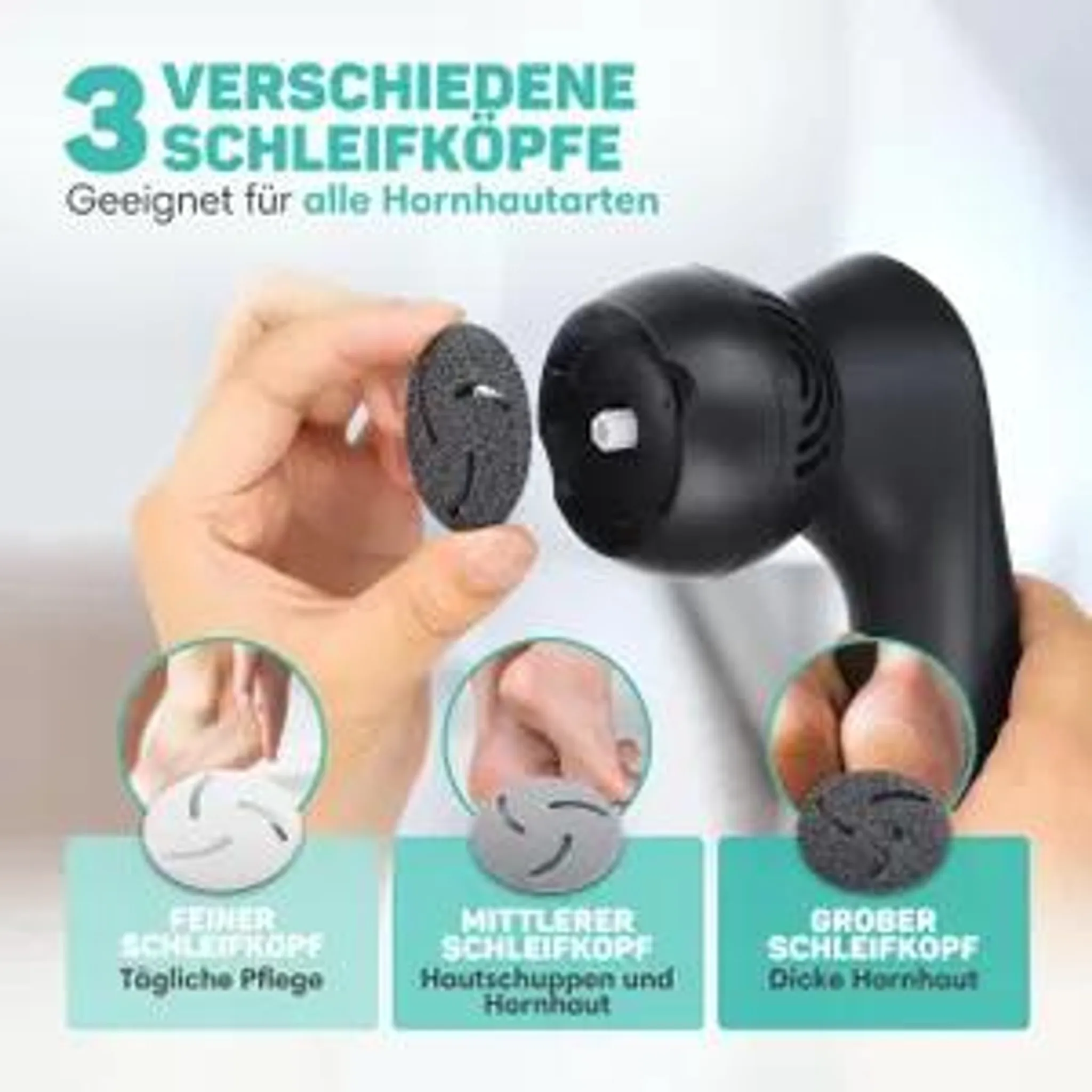 Eine Hand hält einen schwarzen Hornhautantferner mit drei austauschbaren Schleifköpfen.