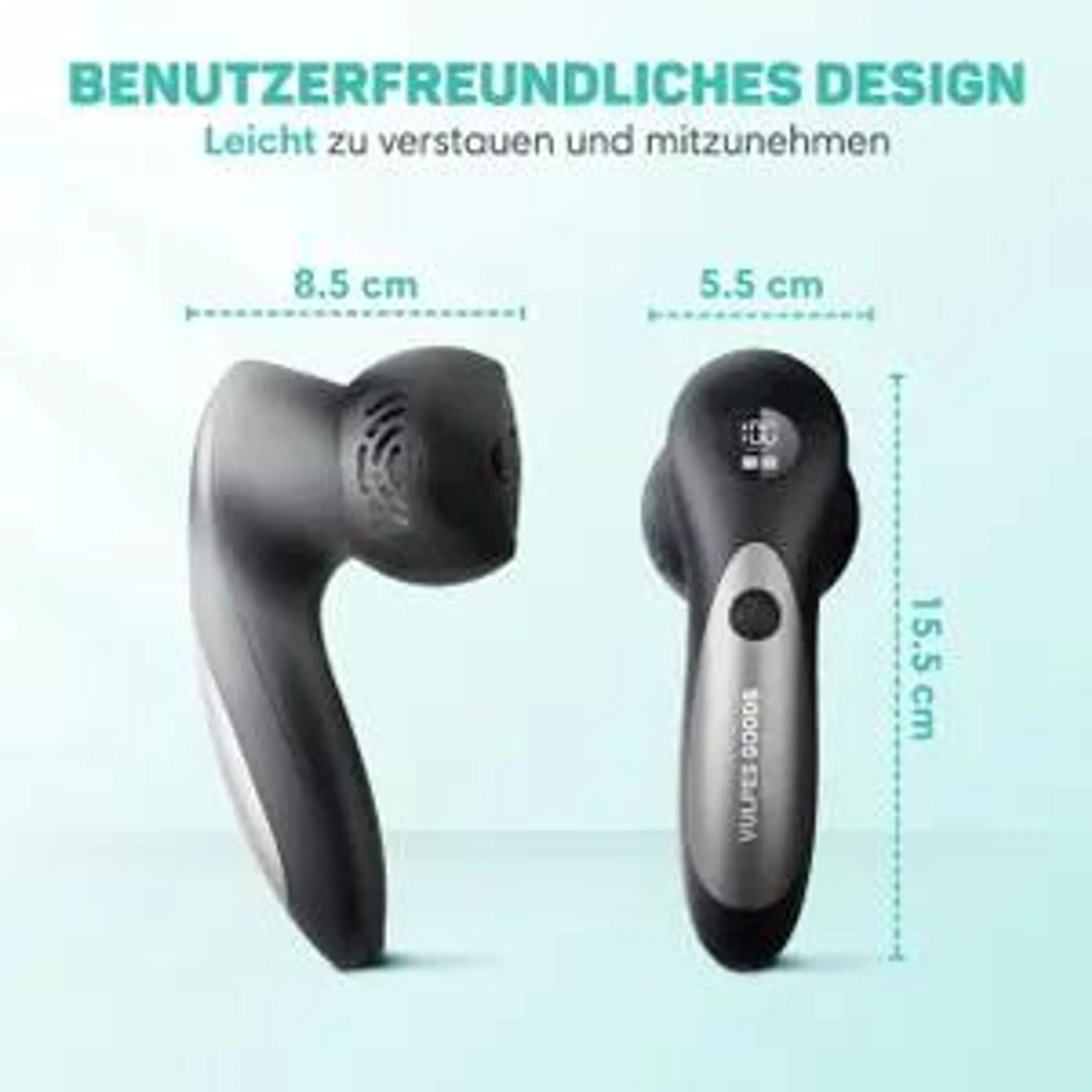 Zwei Ansichten eines schwarzen Kompaktgeräts mit den Maßen 8,5 cm, 5,5 cm und 15,5 cm vor hellblauem Hintergrund.