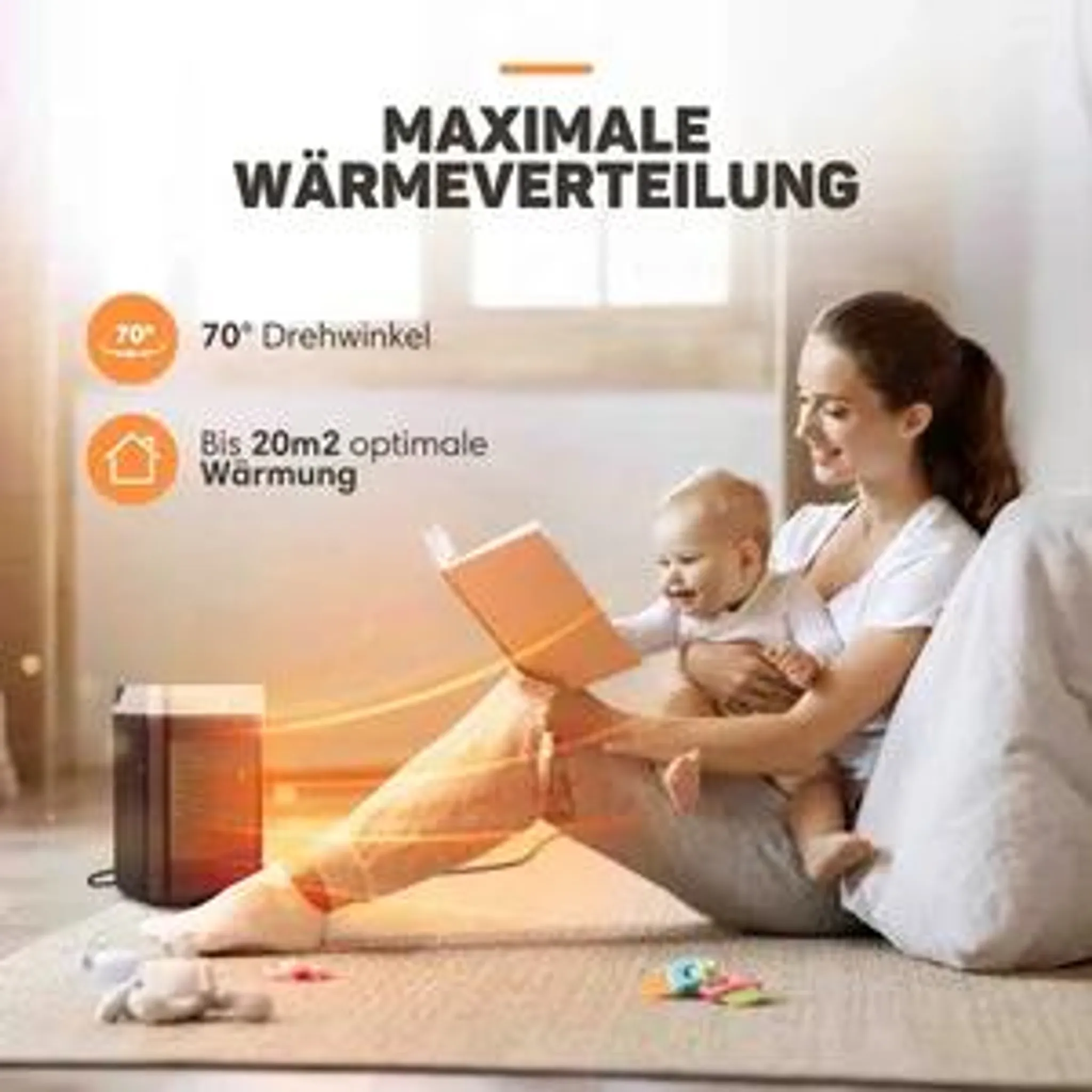 Eine Frau liest einem Baby ein Buch vor, während ein Heizlüfter für warme Luft sorgt.