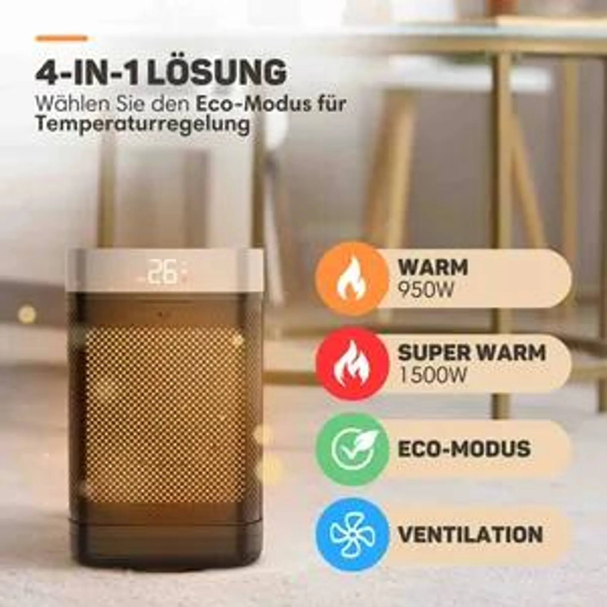 Ein tragbarer Raumheizer mit vier Modi, darunter Warm, Super Warm, Eco und Ventilation, in einem Innenraum.