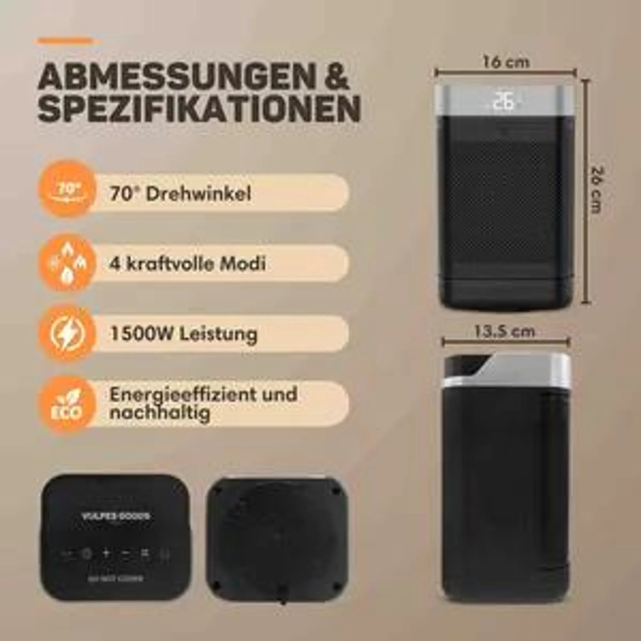 Diagramm zeigt Abmessungen und Spezifikationen eines schwarzen Heizgeräts mit Maßen, Modi und Leistung.