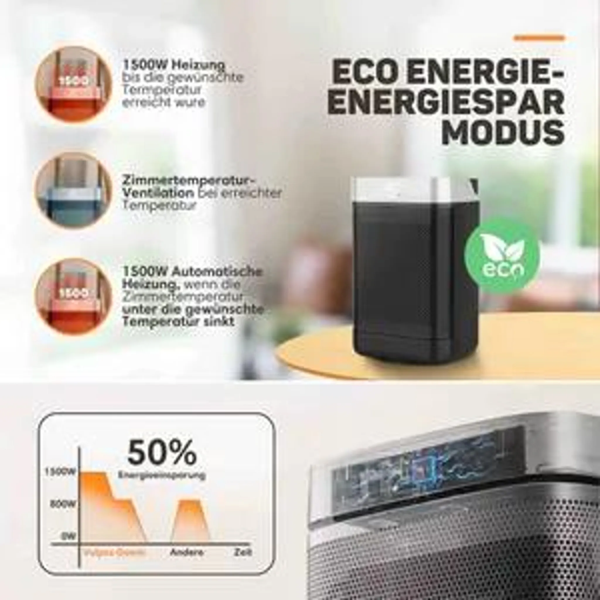Infografik zeigt einen schwarzen Energiesparmodus-Heizlüfter auf einem Tisch.