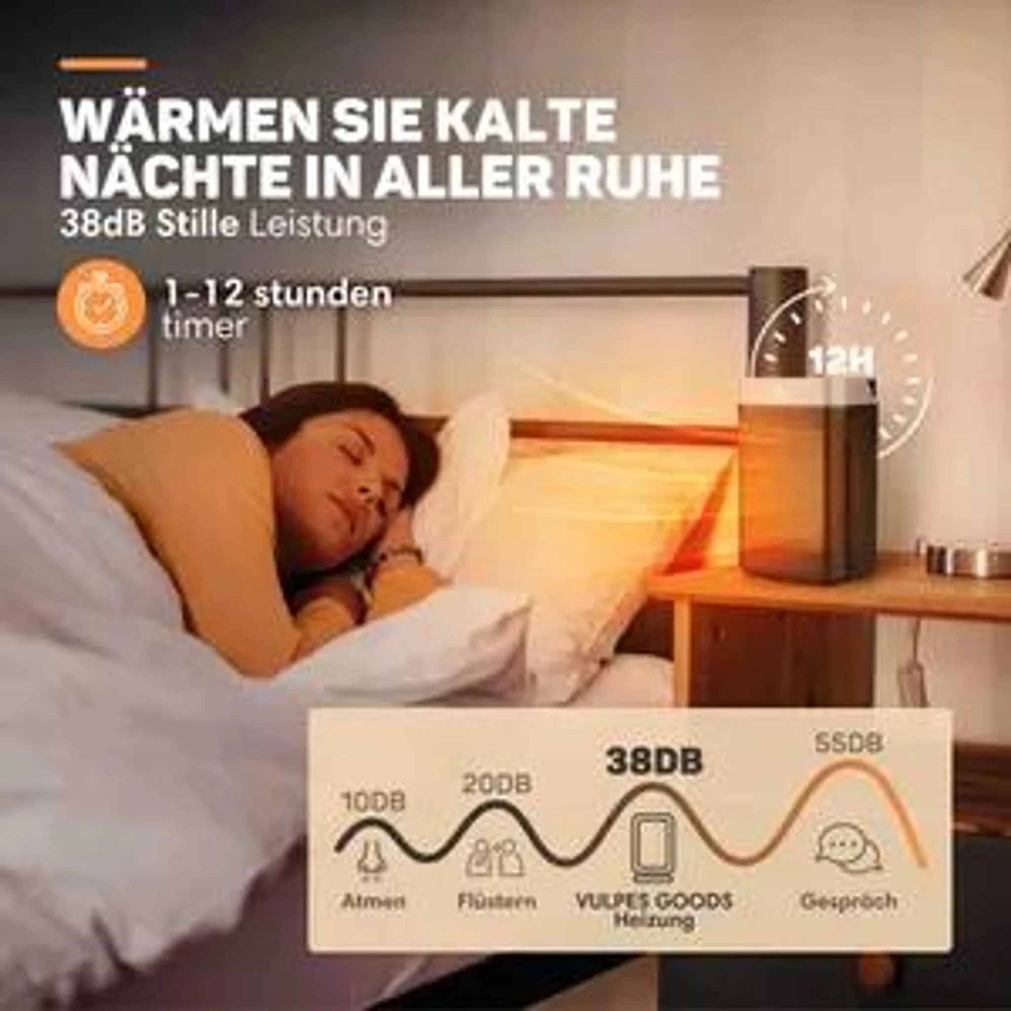 Eine Frau schläft friedlich im Bett neben einem leisen Heizlüfter auf dem Nachttisch.