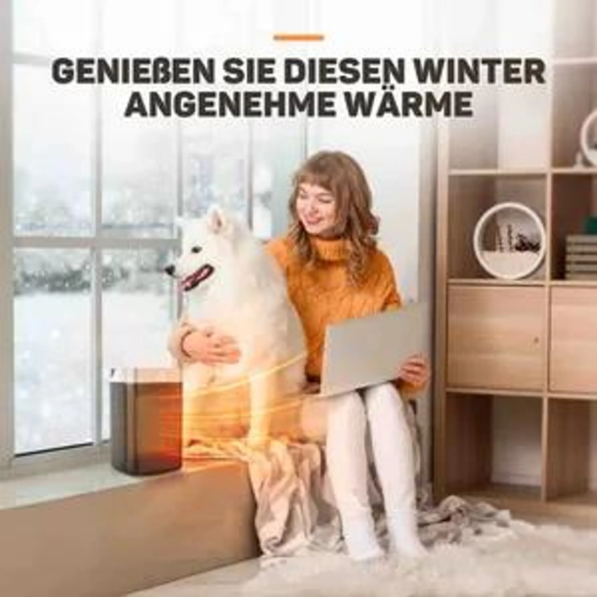 Eine Frau und ihr weißer Hund sitzen drinnen am Fenster mit Heizgerät und deutschem Text.