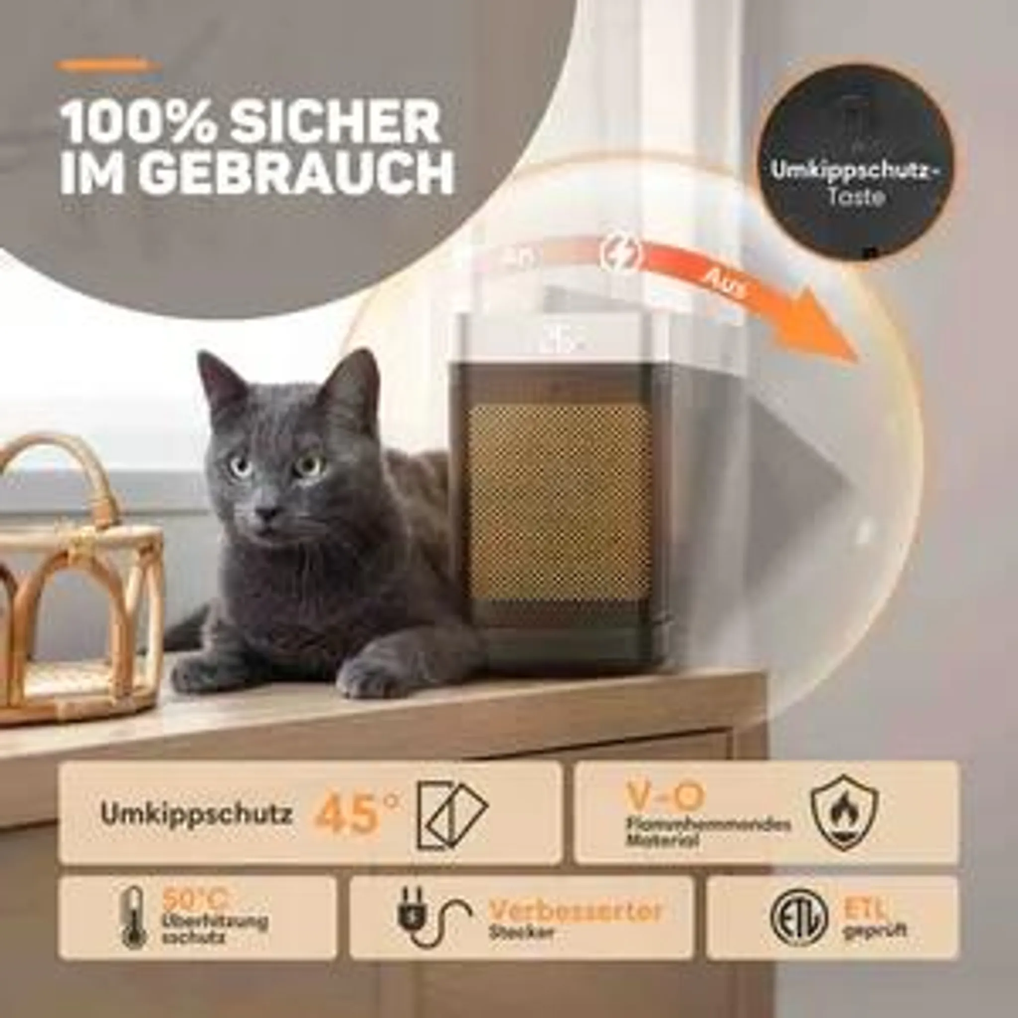 Eine graue Katze liegt neben einem Heizlüfter auf einer Holzoberfläche, mit Sicherheitstexten und Symbolen.