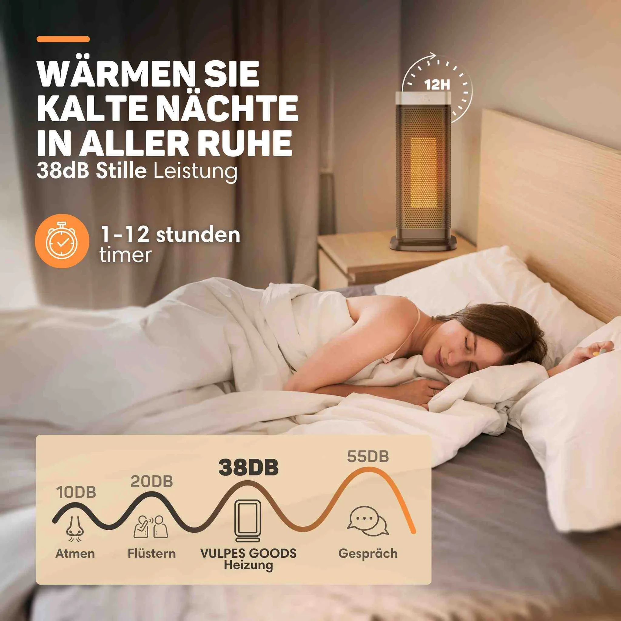 Eine Frau schläft friedlich im Bett neben einer leisen Heizung mit Timer-Funktion.