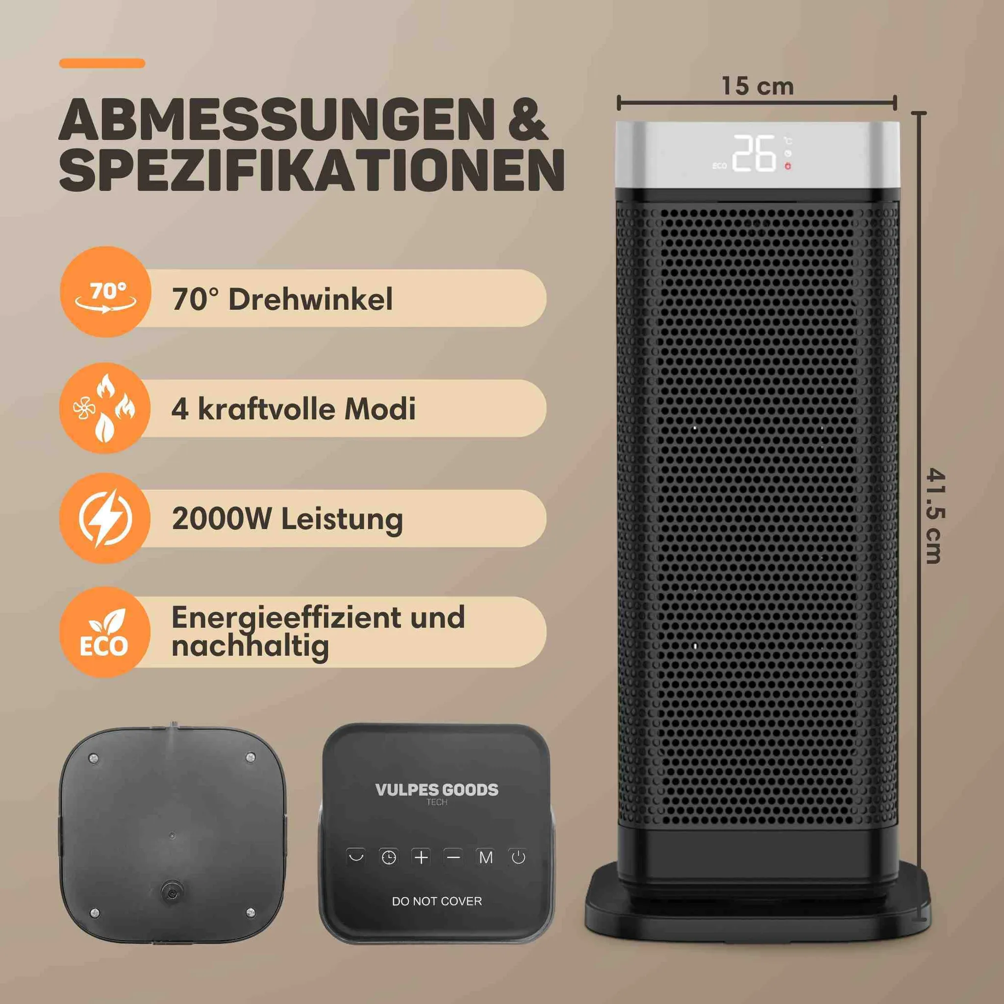 Infografik zeigt einen schwarzen Turmventilator, Maße 41,5x15cm, Fernbedienung und Spezifikationen.