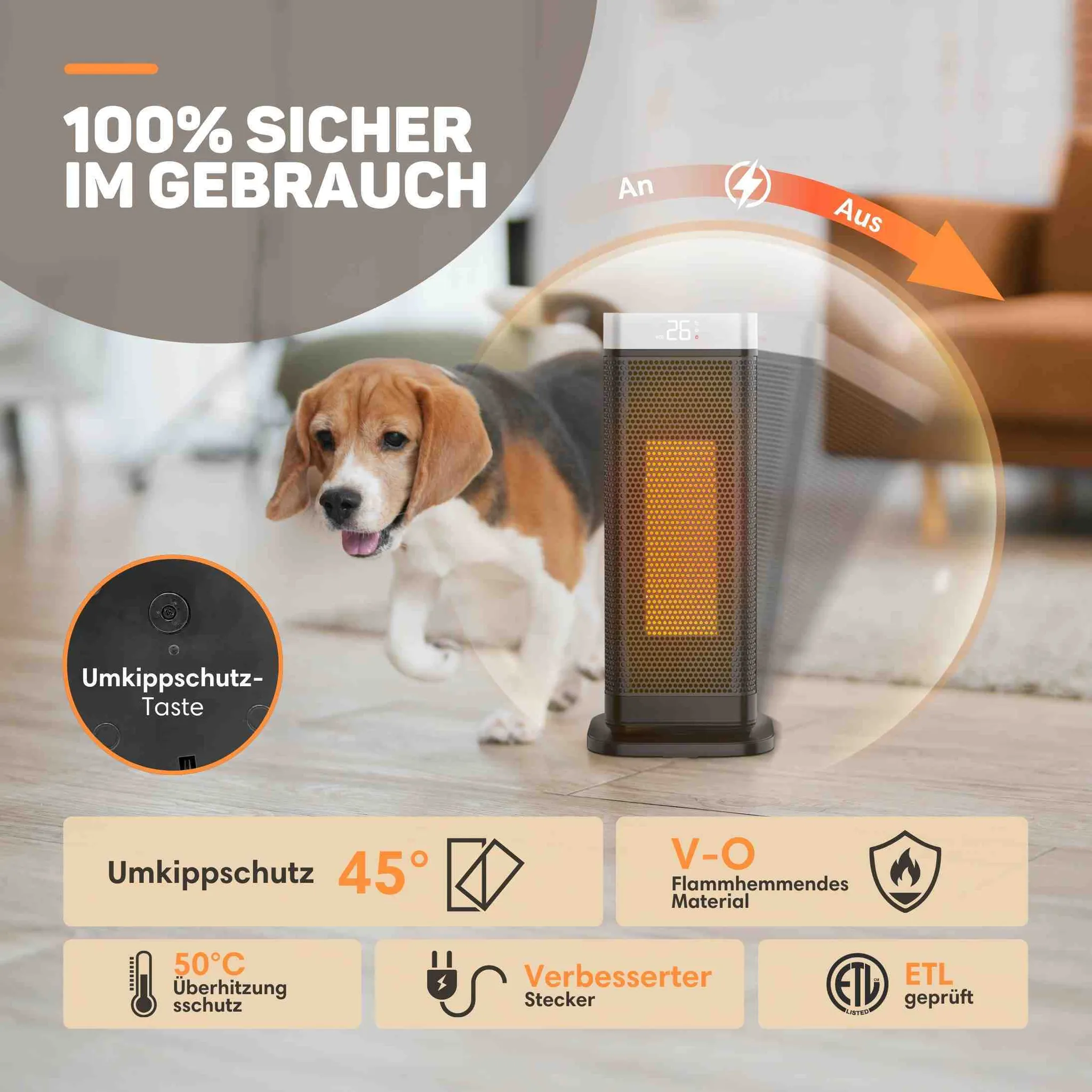 Ein Turmheizer steht sicher neben einem Beagle, mit Symbolen für Kippschutz, flammhemmendes Material und Überhitzungsschutz.