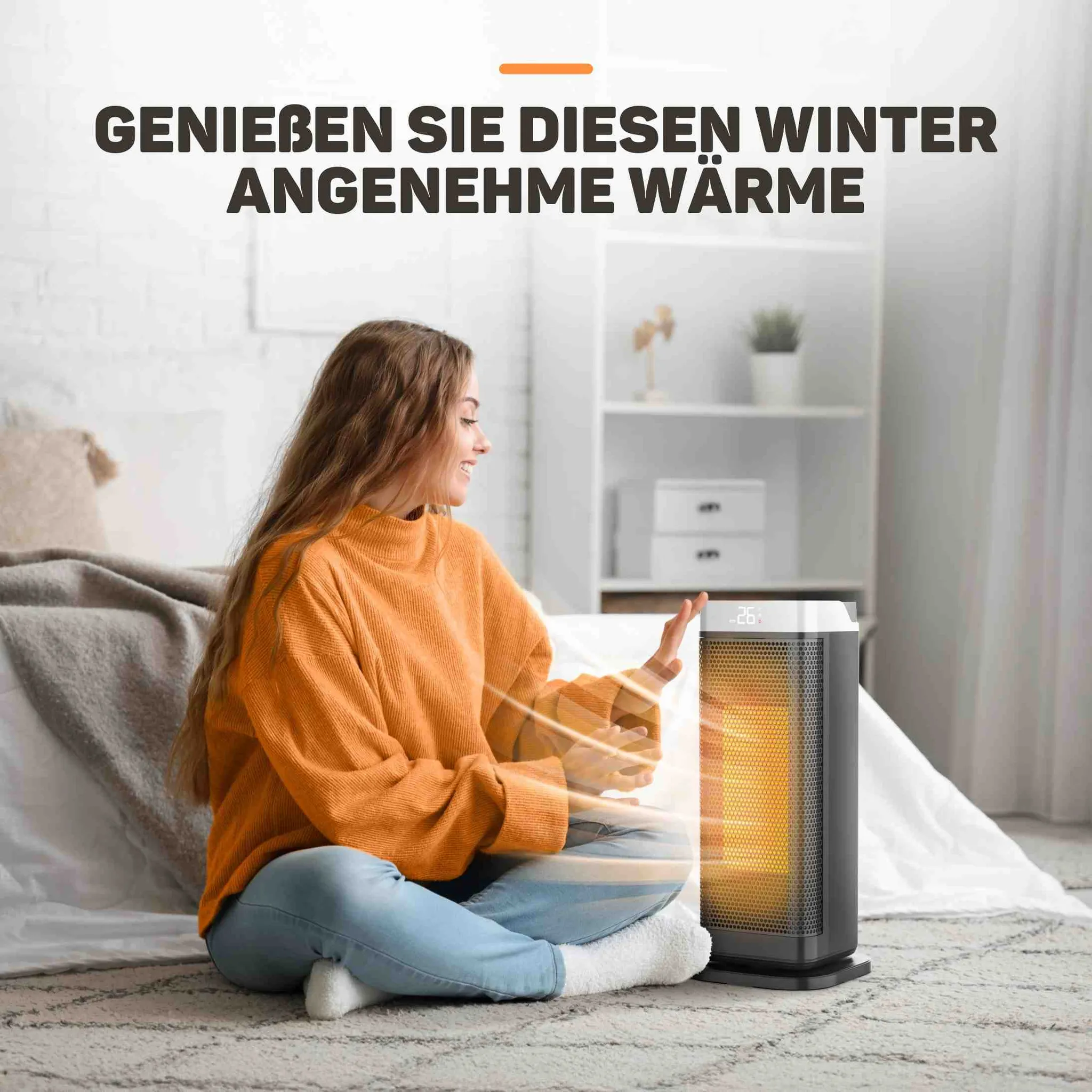 Eine Frau in einem orangefarbenen Pullover sitzt auf dem Boden und wärmt sich die Hände an einem Heizlüfter.