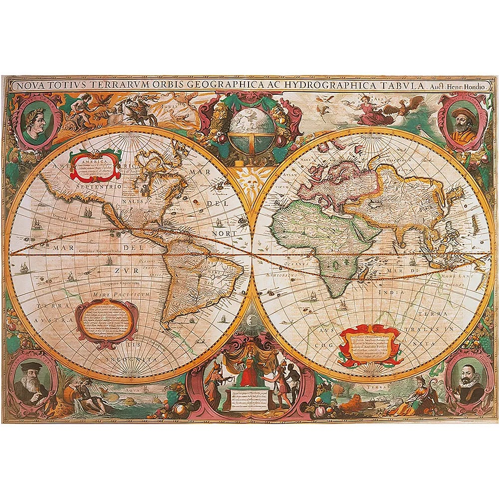 Un mapa del mundo antiguo con dos hemisferios y adornos decorativos.