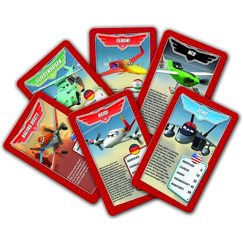 Sei carte collezionabili con personaggi di Planes, bordi rossi e testo.