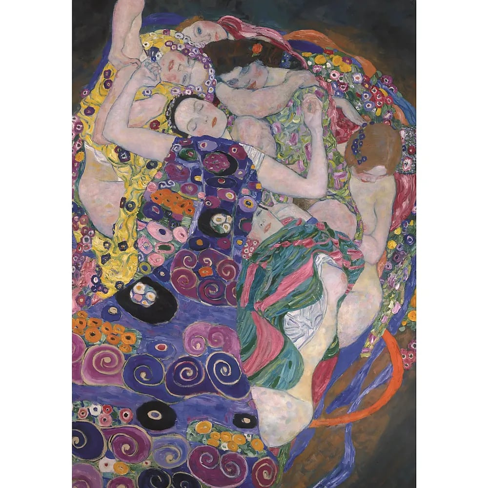 Dipinto di Gustav Klimt che mostra donne nude che dormono in un abbraccio stretto, circondate da fiori colorati.