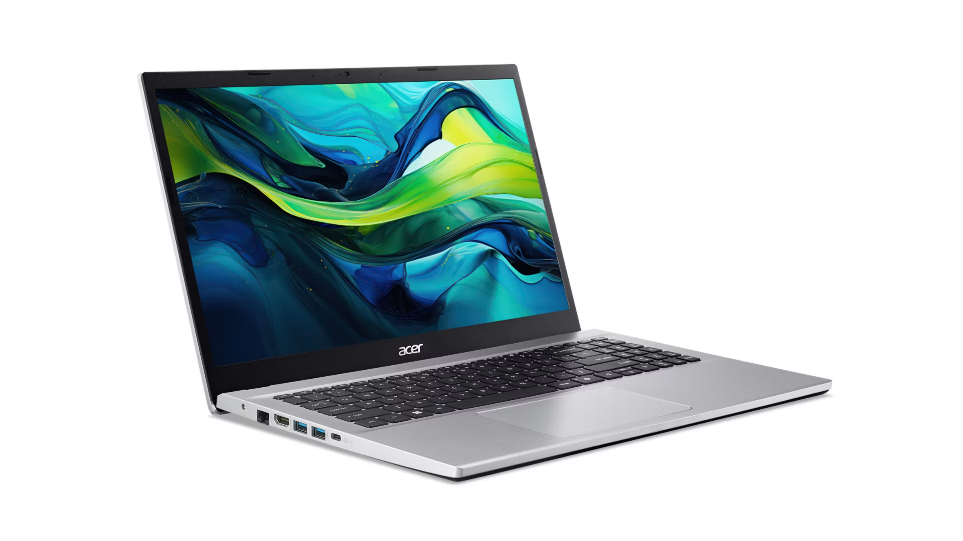 Un laptop Acer argentato aperto su sfondo bianco mostra uno sfondo astratto blu, verde e giallo.