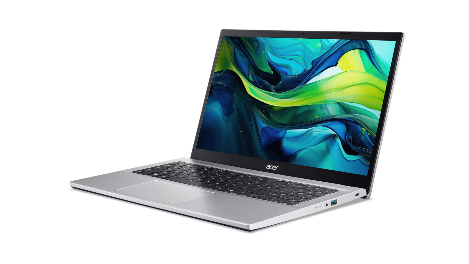 Un computer portatile Acer argentato con tastiera nera e uno sfondo astratto blu e verde.
