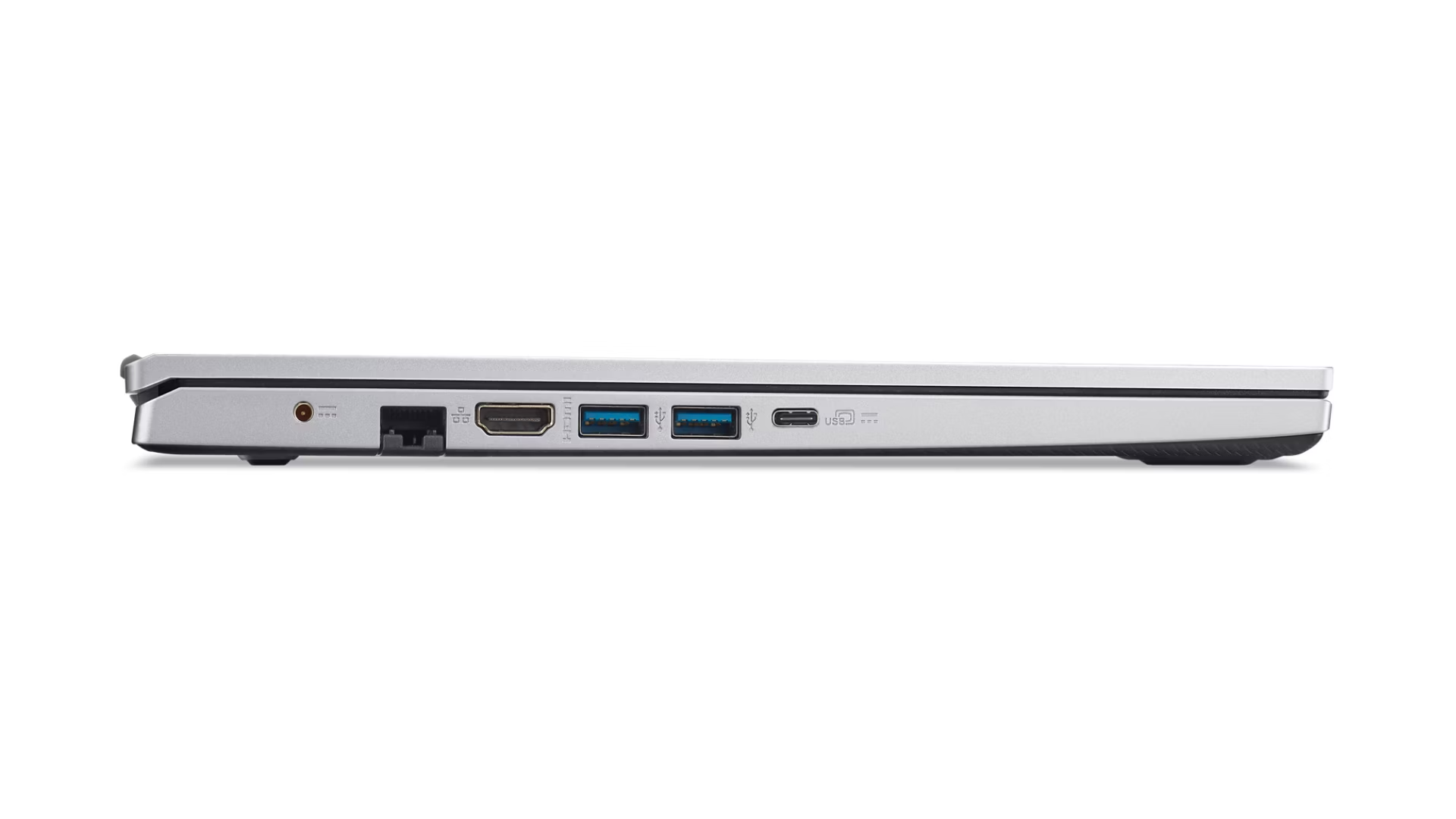 Vista laterale di un laptop argento con porte come ethernet, HDMI, USB e USB-C su sfondo nero.