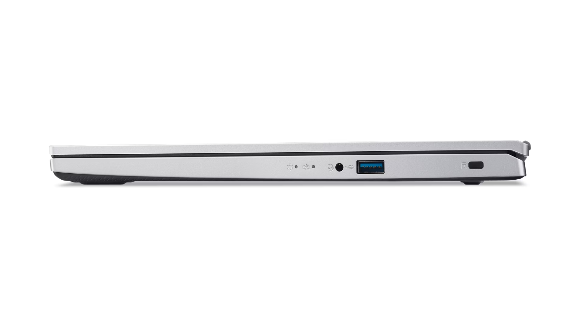 Vista laterale di un laptop argento con porte e icone su sfondo bianco.