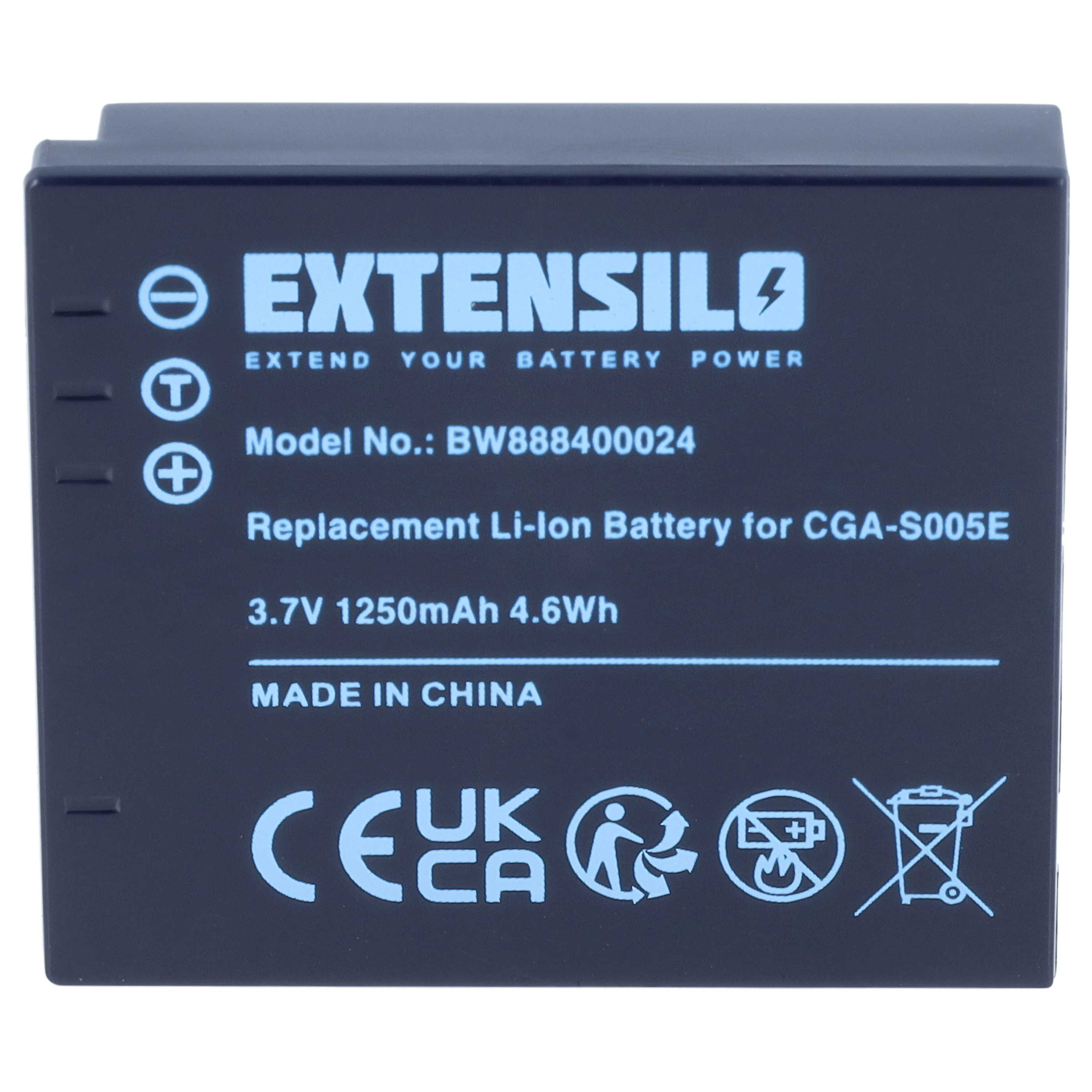 Blaue Extensilo Ersatz-Li-Ionen-Akku mit technischen Daten und Symbolen.