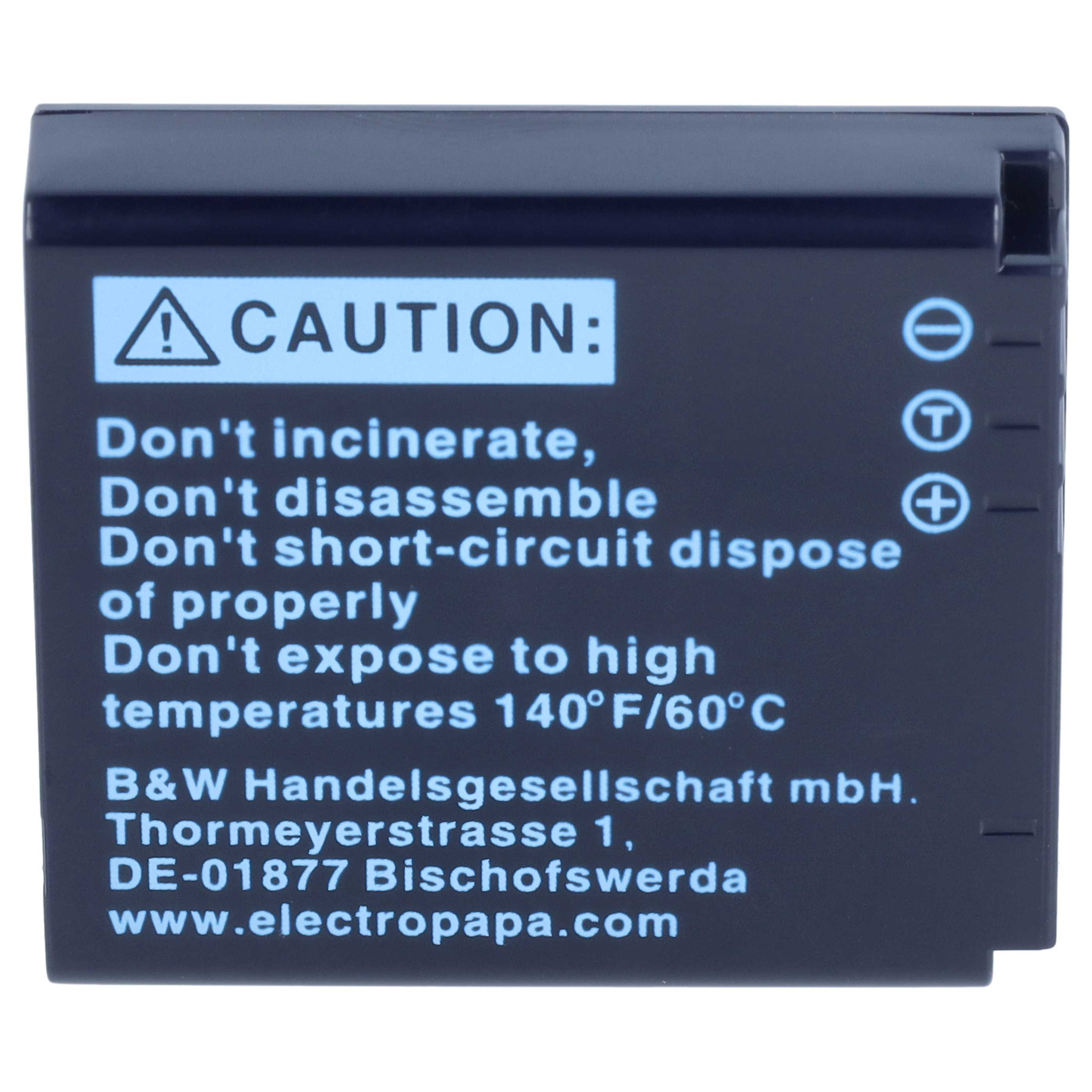 Blaue Akkubatterie mit Warnhinweisen und Herstellerinformationen auf der Vorderseite.