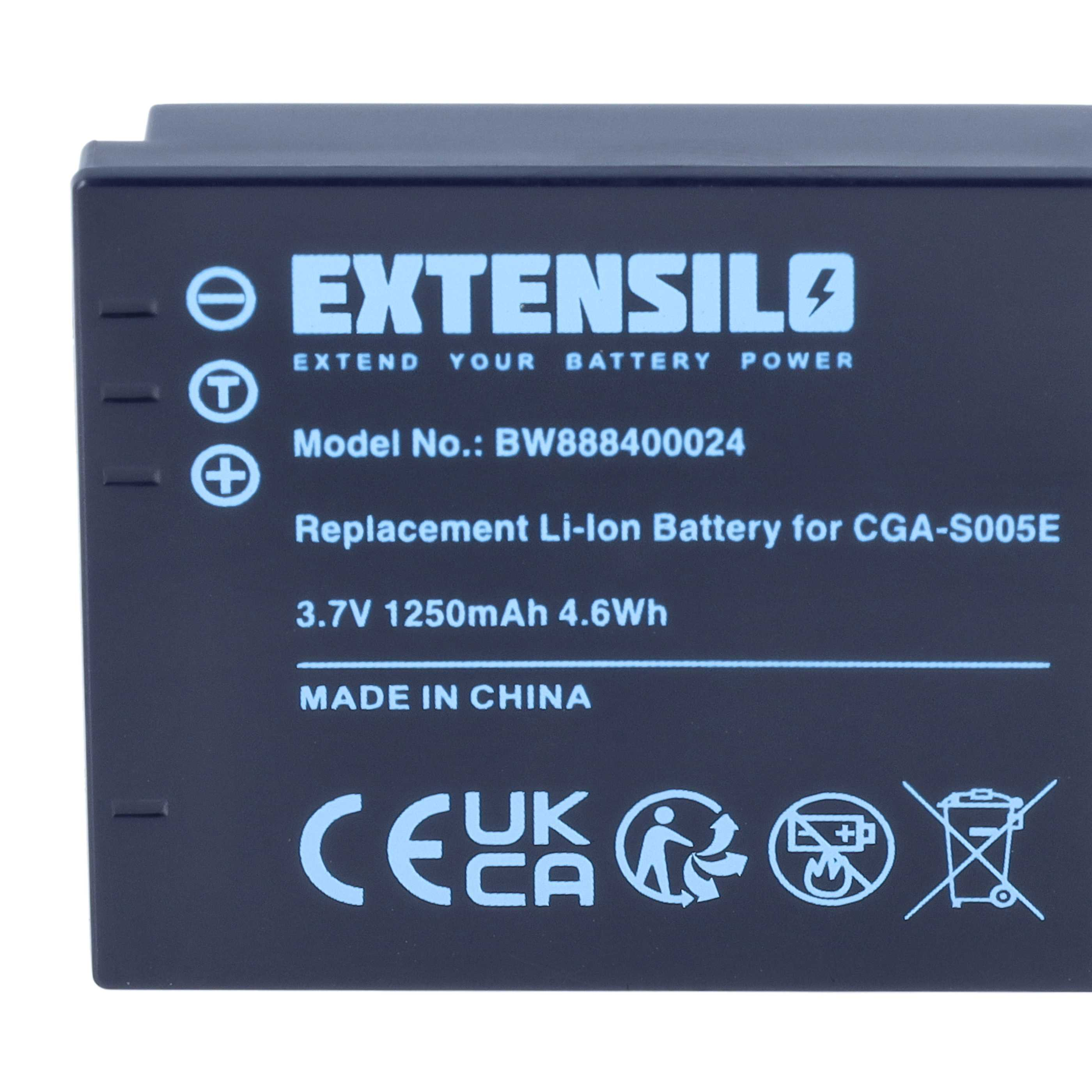 Nahaufnahme einer schwarzen Extensilo Li-Ion Ersatzbatterie mit technischen Daten, Modellnummer und Symbolen.