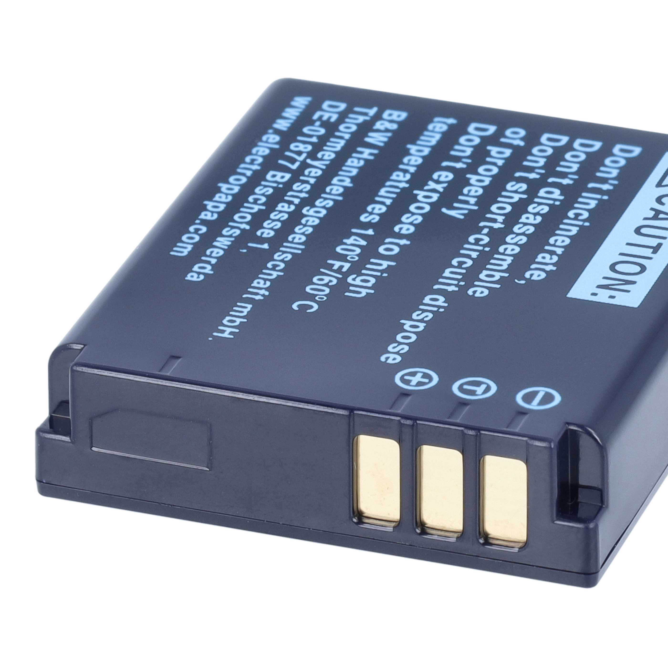 Blaue wiederaufladbare Batterie mit Sicherheitswarnungen und goldenen Kontakten.