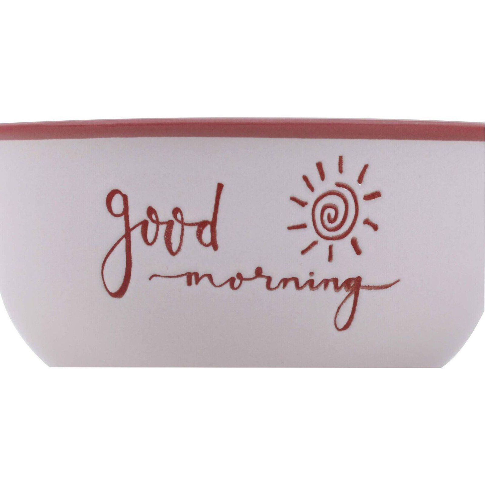 Üzerinde kırmızı 'good morning' yazısı ve güneş çizimi olan beyaz seramik kase.